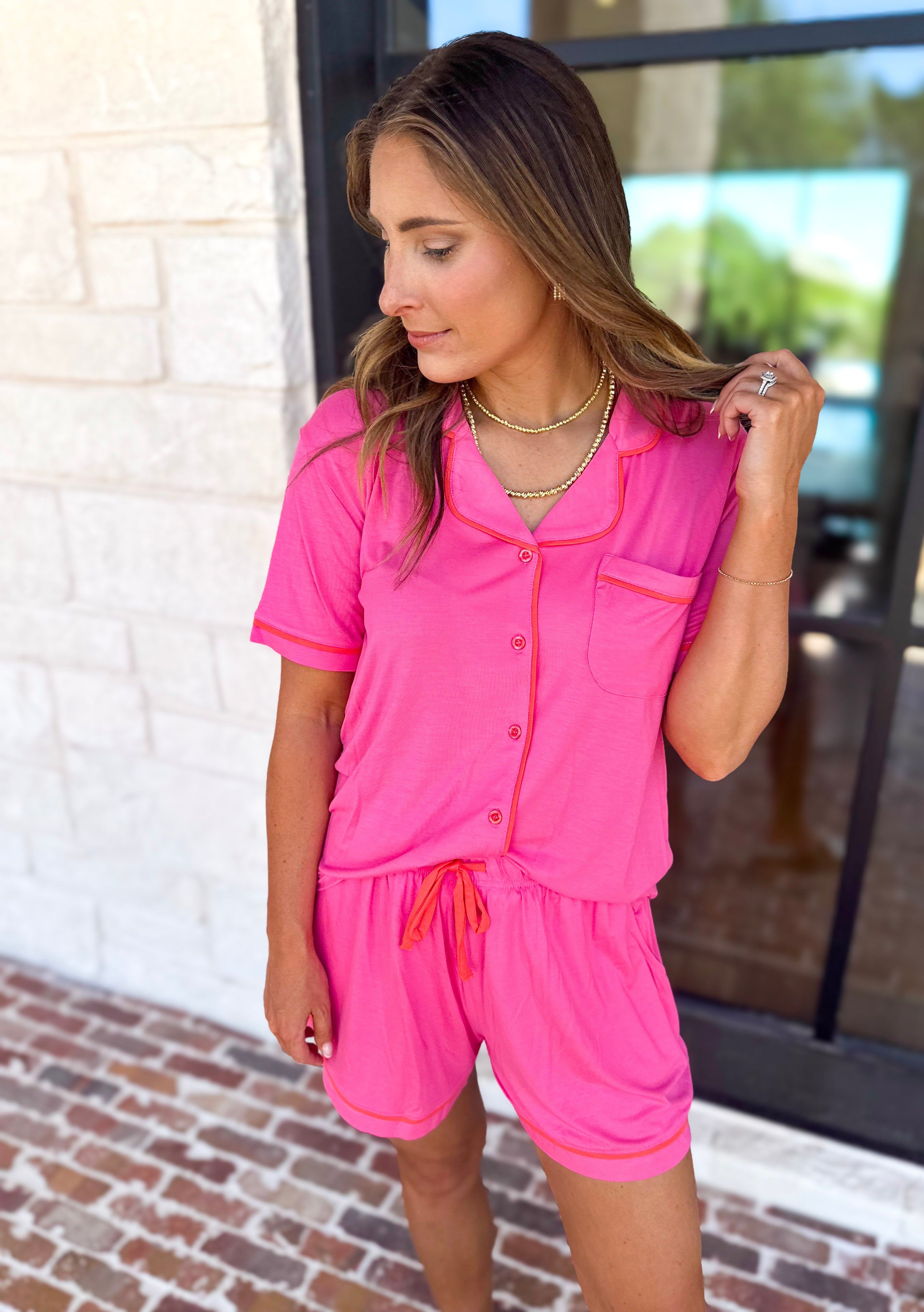 MARY SQUARE - Charlotte Hot Pink Shorts PJ Set-300 Athleisure/Lounge-MARY SQUARE-July & June Women's Fashion Boutique Located in San Antonio, Texas