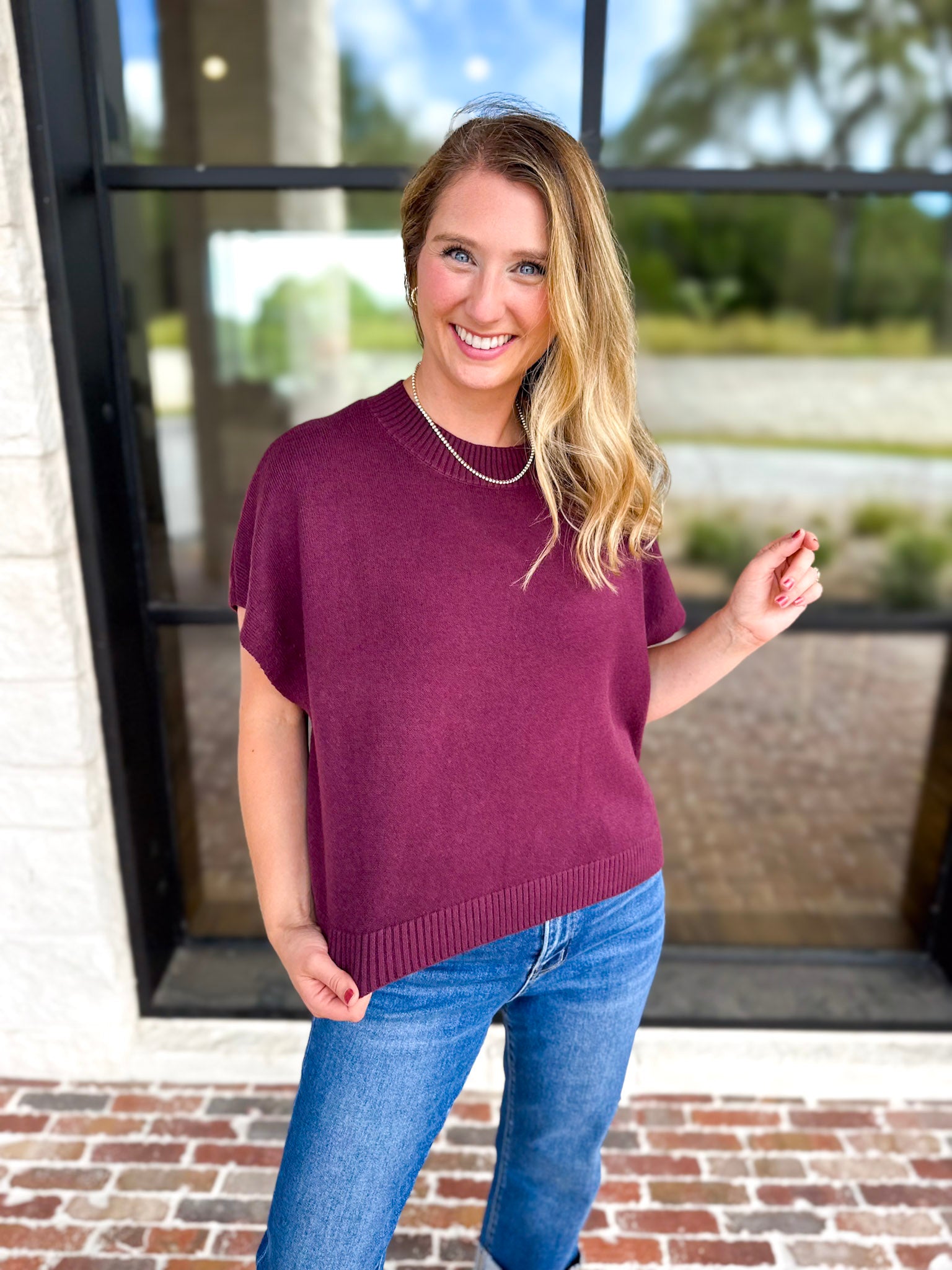 Easy Going Short Sleeve Knit Top - Burgundy-230 Sweaters/Cardis-PINCH-July & June Women's Fashion Boutique Located in San Antonio, Texas