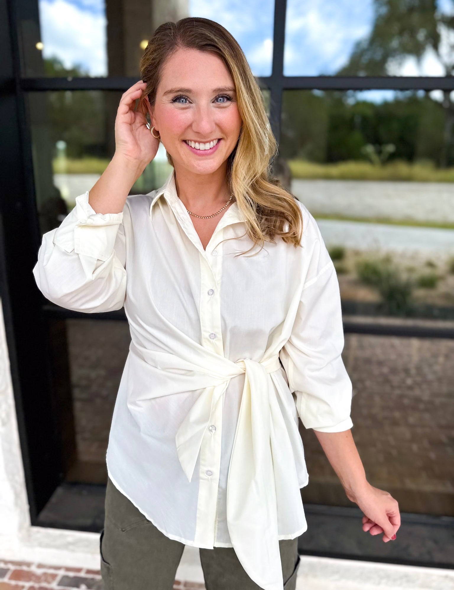 The Sarah Tie Button Down - Ivory-200 Fashion Blouses-ENTRO-July & June Women's Fashion Boutique Located in San Antonio, Texas