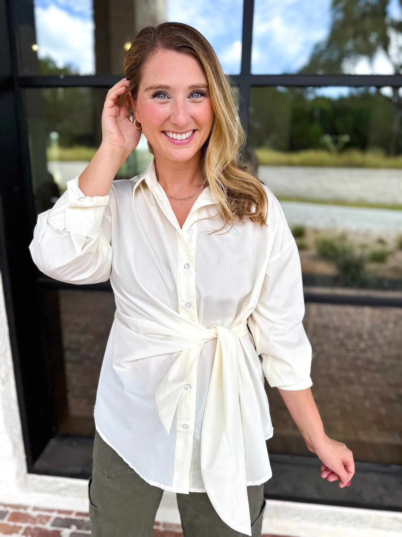 The Sarah Tie Button Down - Ivory-200 Fashion Blouses-ENTRO-July & June Women's Fashion Boutique Located in San Antonio, Texas