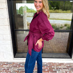 The Sarah Tie Button Down - Deep Berry-200 Fashion Blouses-ENTRO-July & June Women's Fashion Boutique Located in San Antonio, Texas