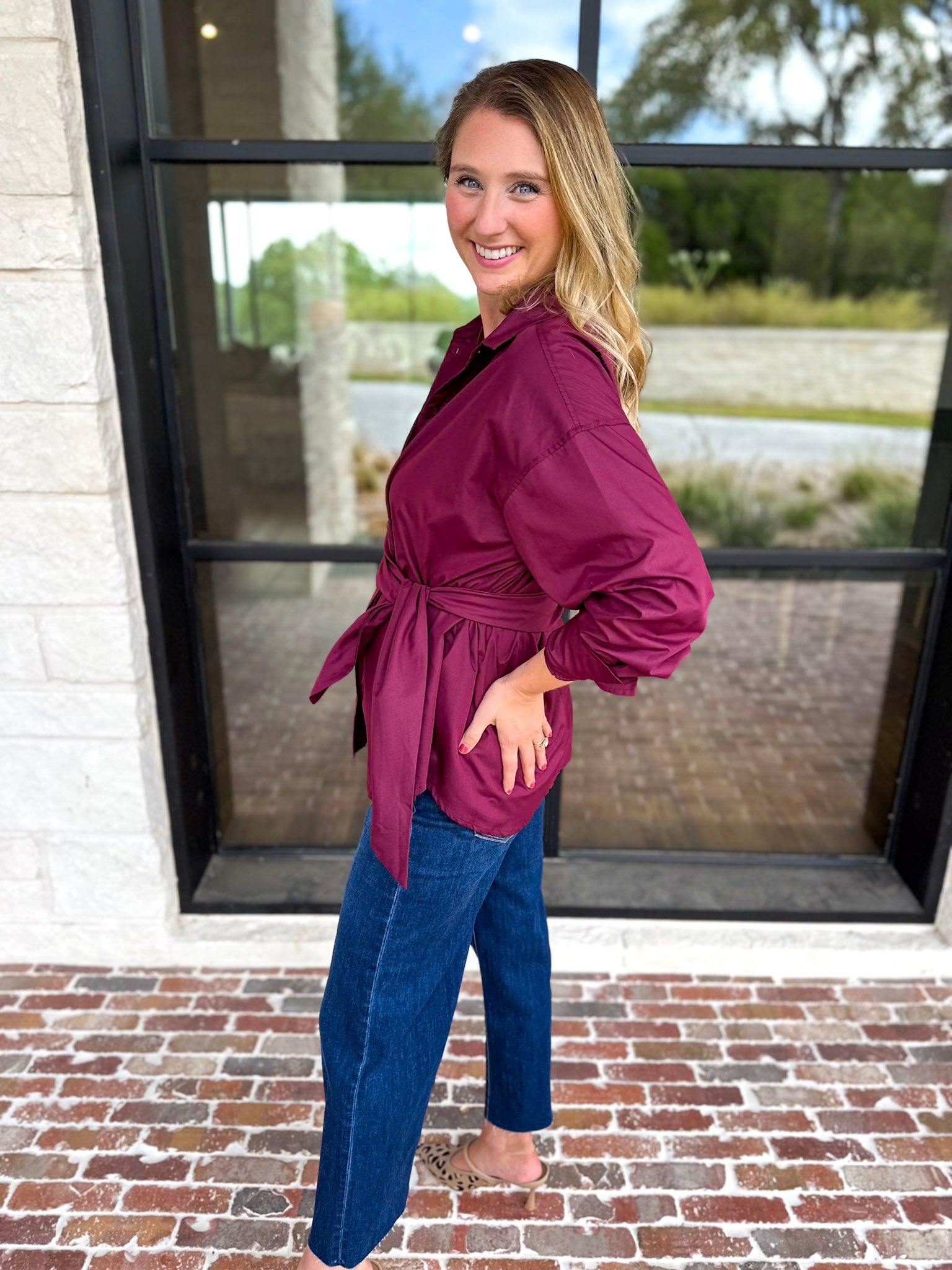 The Sarah Tie Button Down - Deep Berry-200 Fashion Blouses-ENTRO-July & June Women's Fashion Boutique Located in San Antonio, Texas