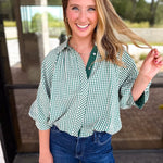 Gingham Bubble Blouse - Hunter Green-200 Fashion Blouses-ENTRO-July & June Women's Fashion Boutique Located in San Antonio, Texas