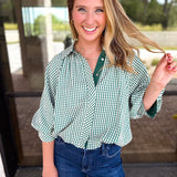 Gingham Bubble Blouse - Hunter Green-200 Fashion Blouses-ENTRO-July & June Women's Fashion Boutique Located in San Antonio, Texas