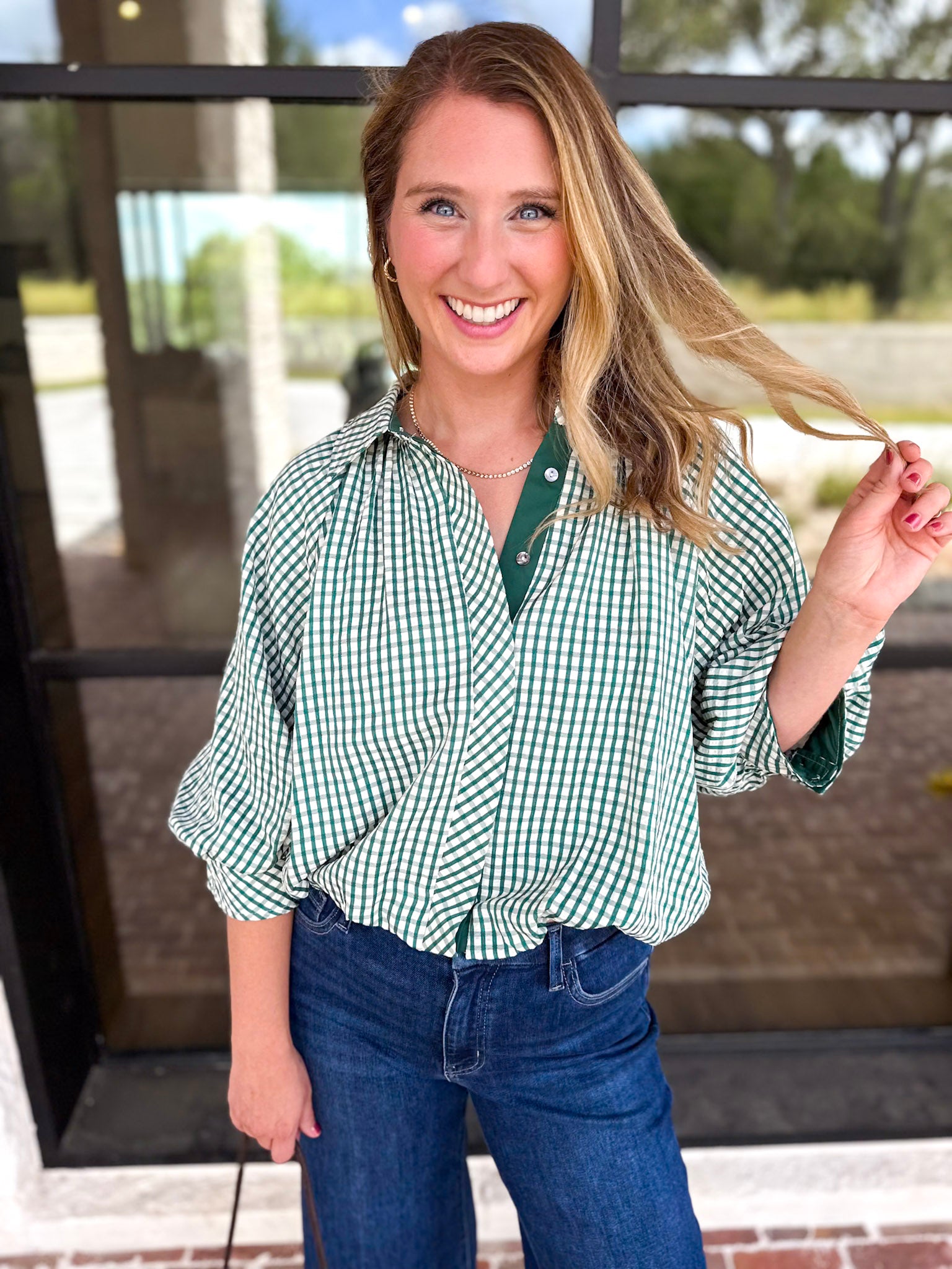 Gingham Bubble Blouse - Hunter Green-200 Fashion Blouses-ENTRO-July & June Women's Fashion Boutique Located in San Antonio, Texas