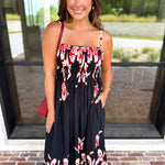 Floral Pleated Midi Dress - Black-500 Midi-ENTRO-July & June Women's Fashion Boutique Located in San Antonio, Texas