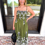 Floral Pleated Midi Dress - Moss Green-500 Midi-ENTRO-July & June Women's Fashion Boutique Located in San Antonio, Texas