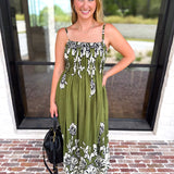 Floral Pleated Midi Dress - Moss Green-500 Midi-ENTRO-July & June Women's Fashion Boutique Located in San Antonio, Texas