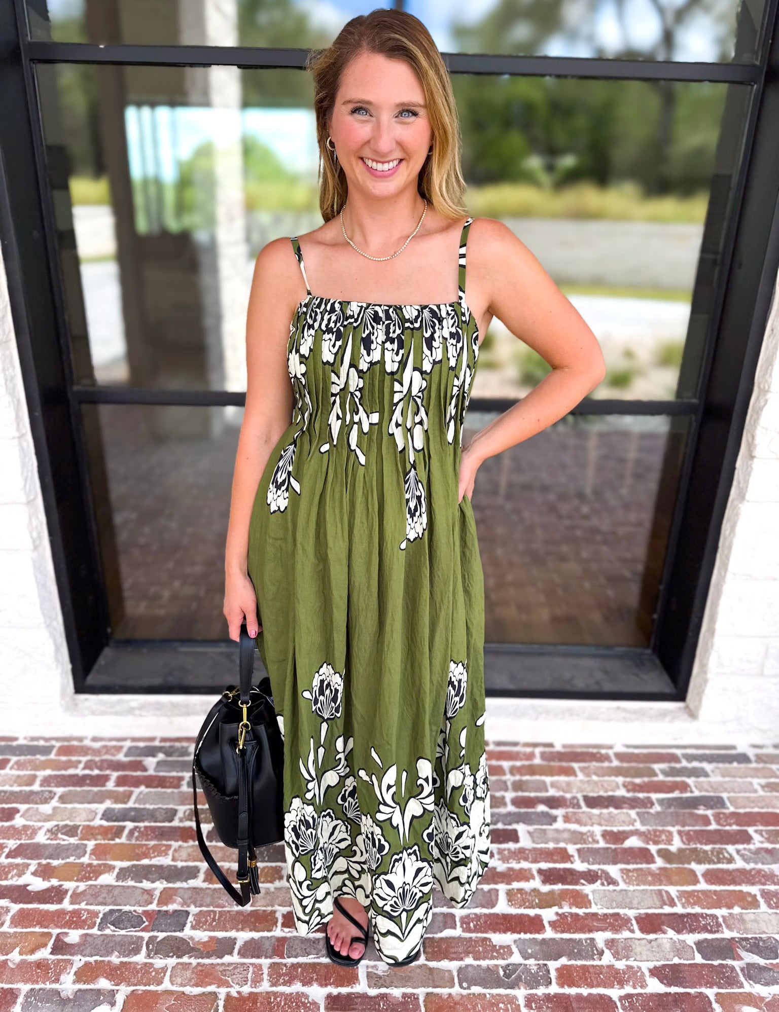 Floral Pleated Midi Dress - Moss Green-500 Midi-ENTRO-July & June Women's Fashion Boutique Located in San Antonio, Texas