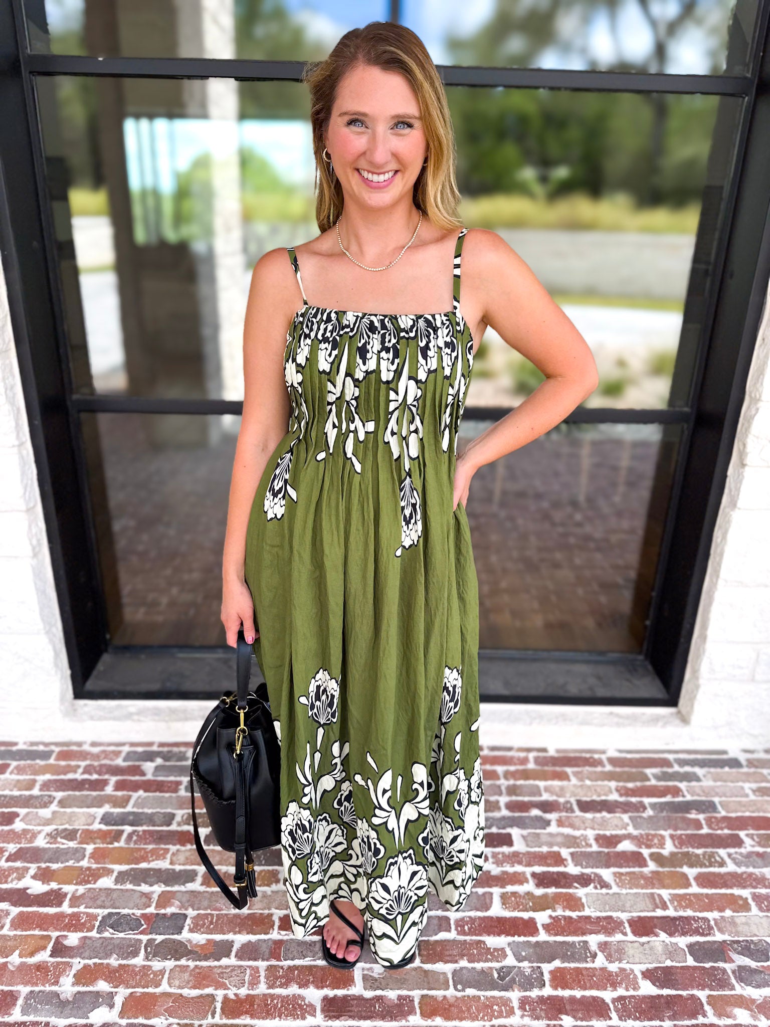 Floral Pleated Midi Dress - Moss Green-500 Midi-ENTRO-July & June Women's Fashion Boutique Located in San Antonio, Texas