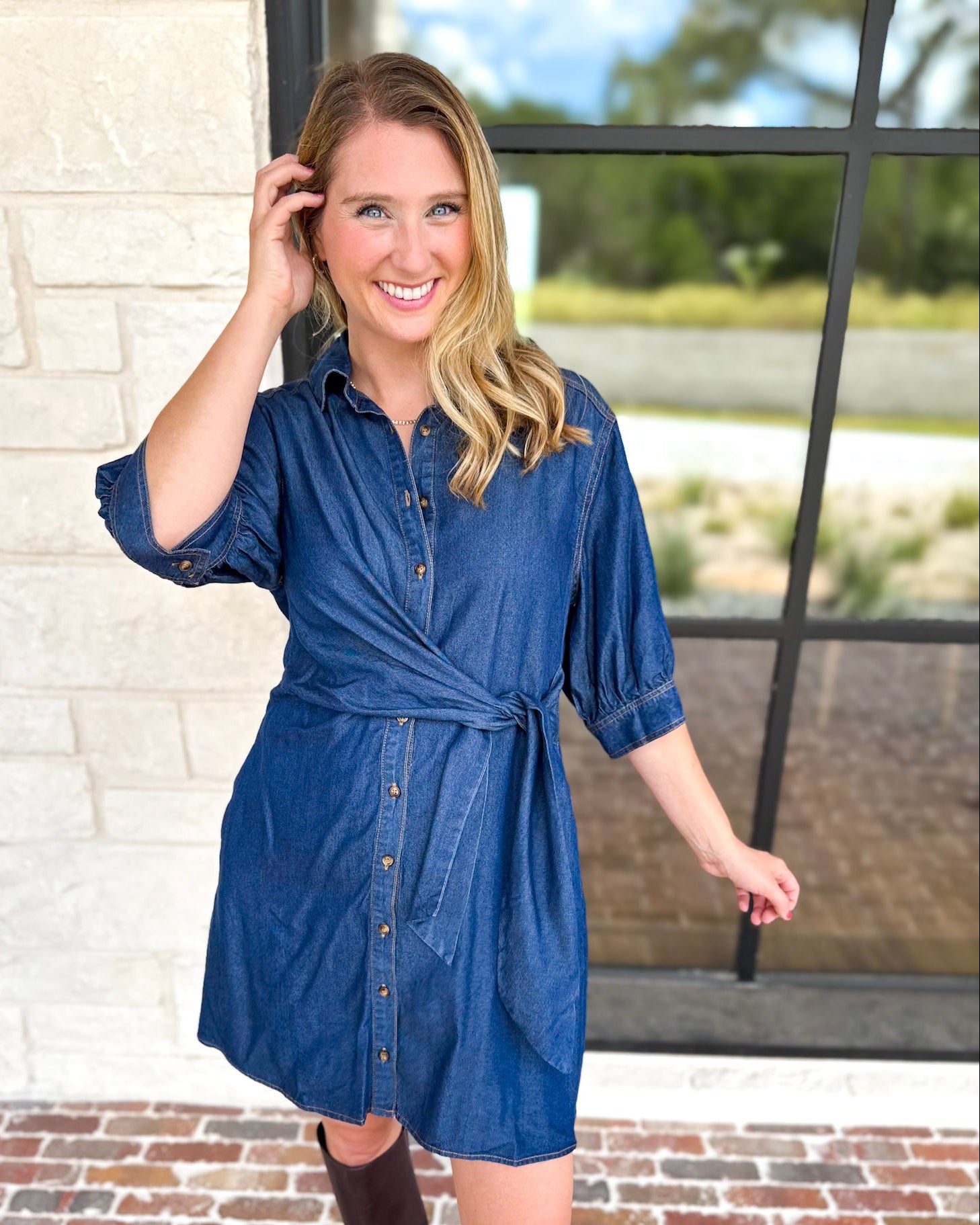 Denim Wrap Mini Dress-510 Mini-ENTRO-July & June Women's Fashion Boutique Located in San Antonio, Texas