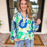 THML - Blue & Green Florals Blouse-200 Fashion Blouses-THML-July & June Women's Fashion Boutique Located in San Antonio, Texas