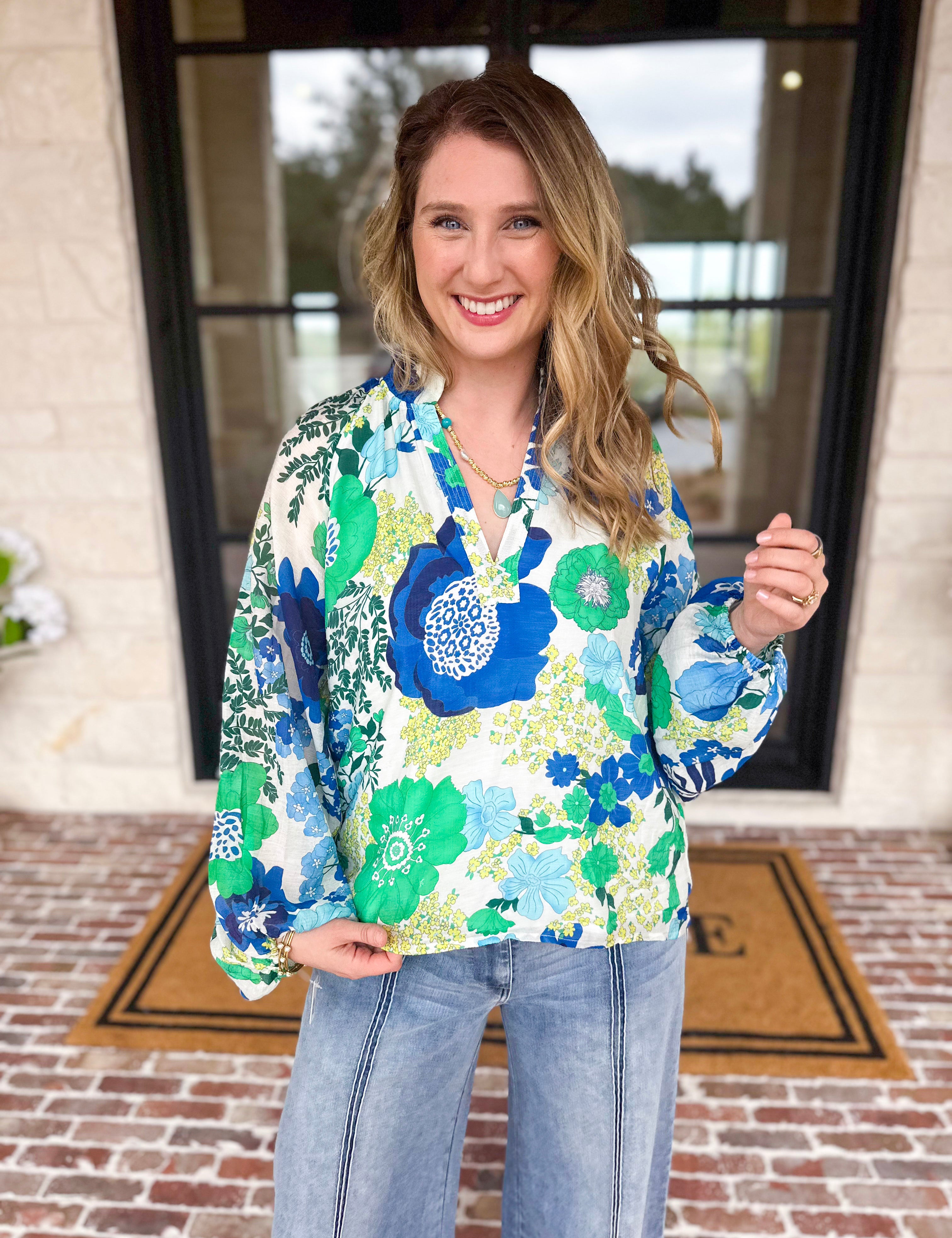 THML - Blue & Green Florals Blouse-200 Fashion Blouses-THML-July & June Women's Fashion Boutique Located in San Antonio, Texas