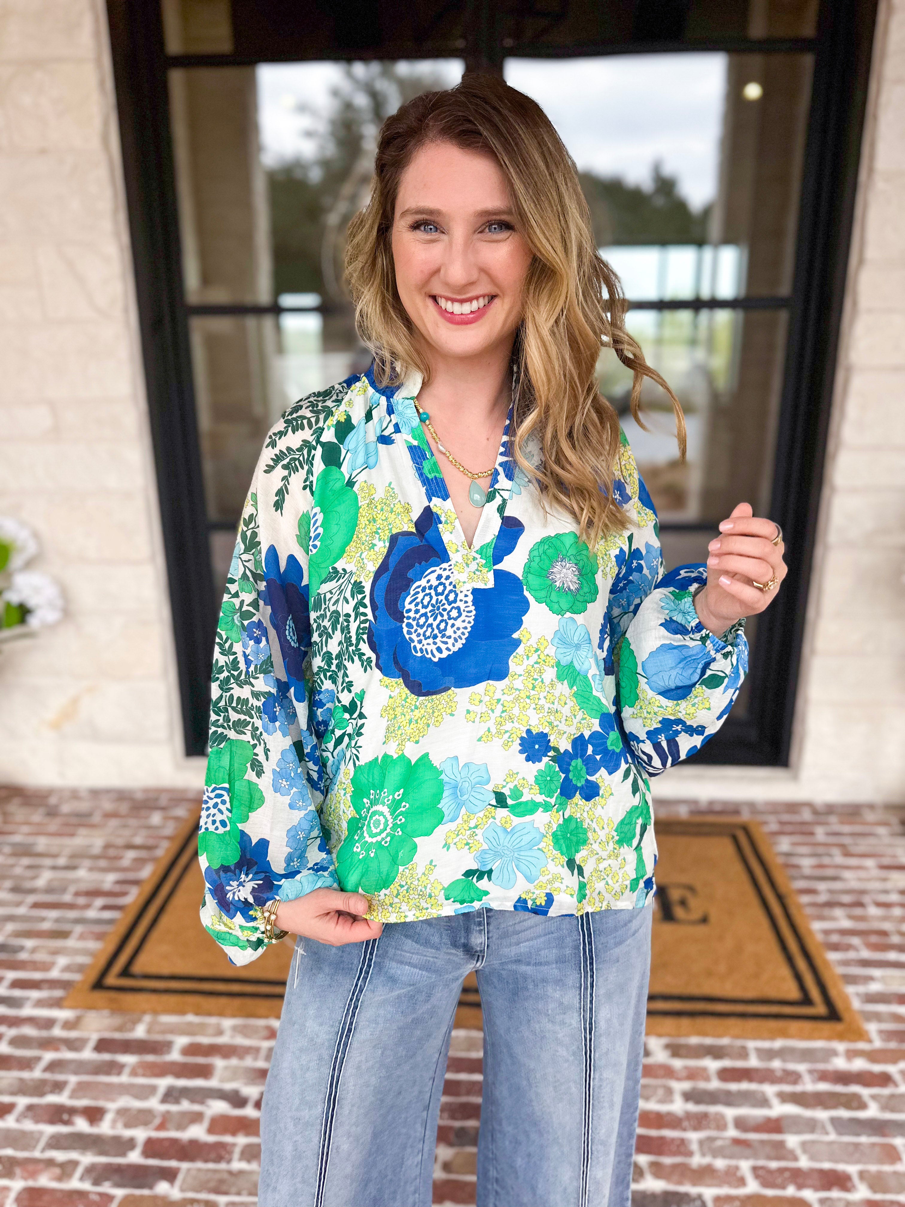 THML - Blue & Green Florals Blouse-200 Fashion Blouses-THML-July & June Women's Fashion Boutique Located in San Antonio, Texas
