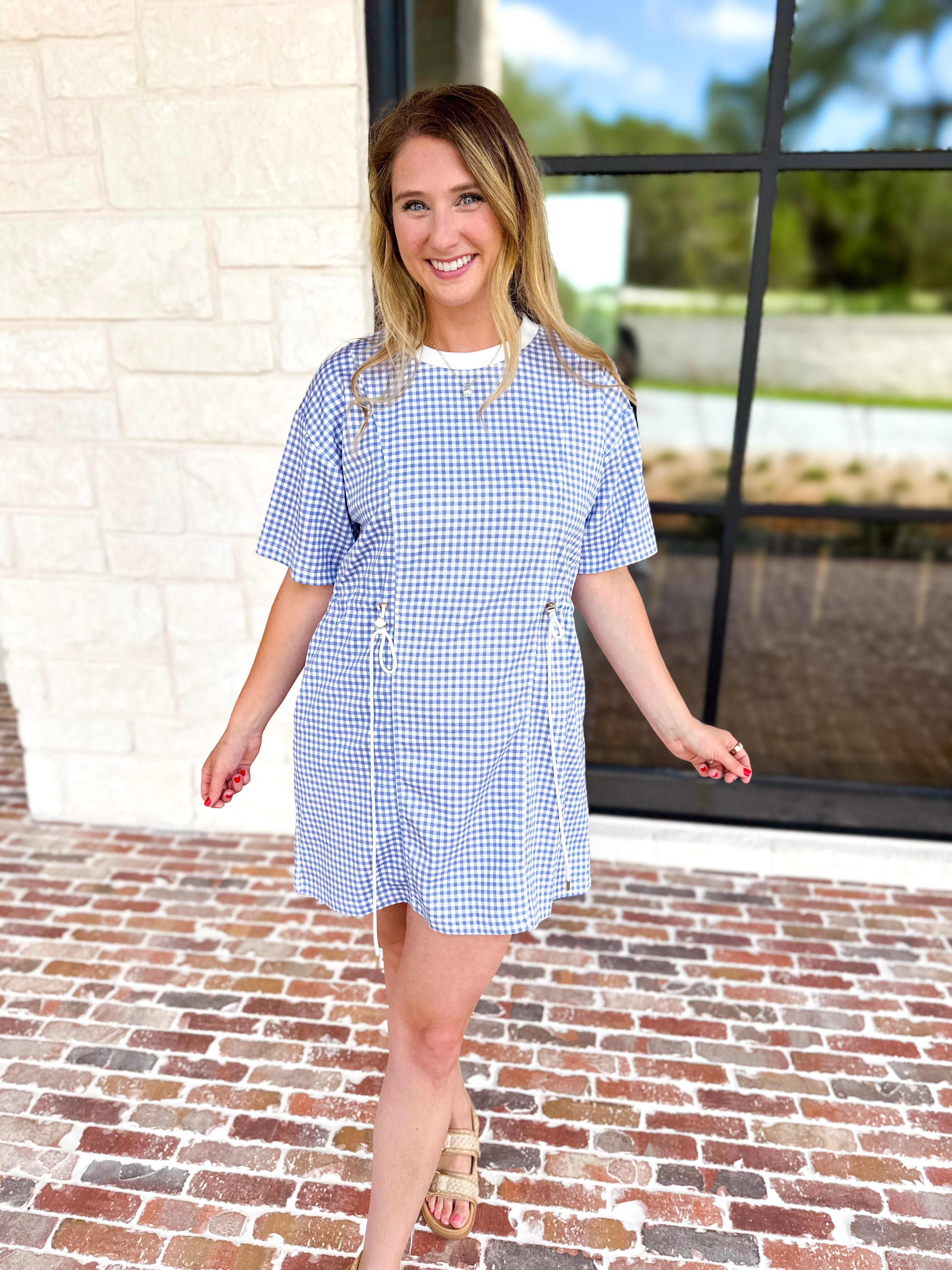 Blue Gingham On-The-Go Mini Dress-510 Mini-ENTRO-July & June Women's Fashion Boutique Located in San Antonio, Texas