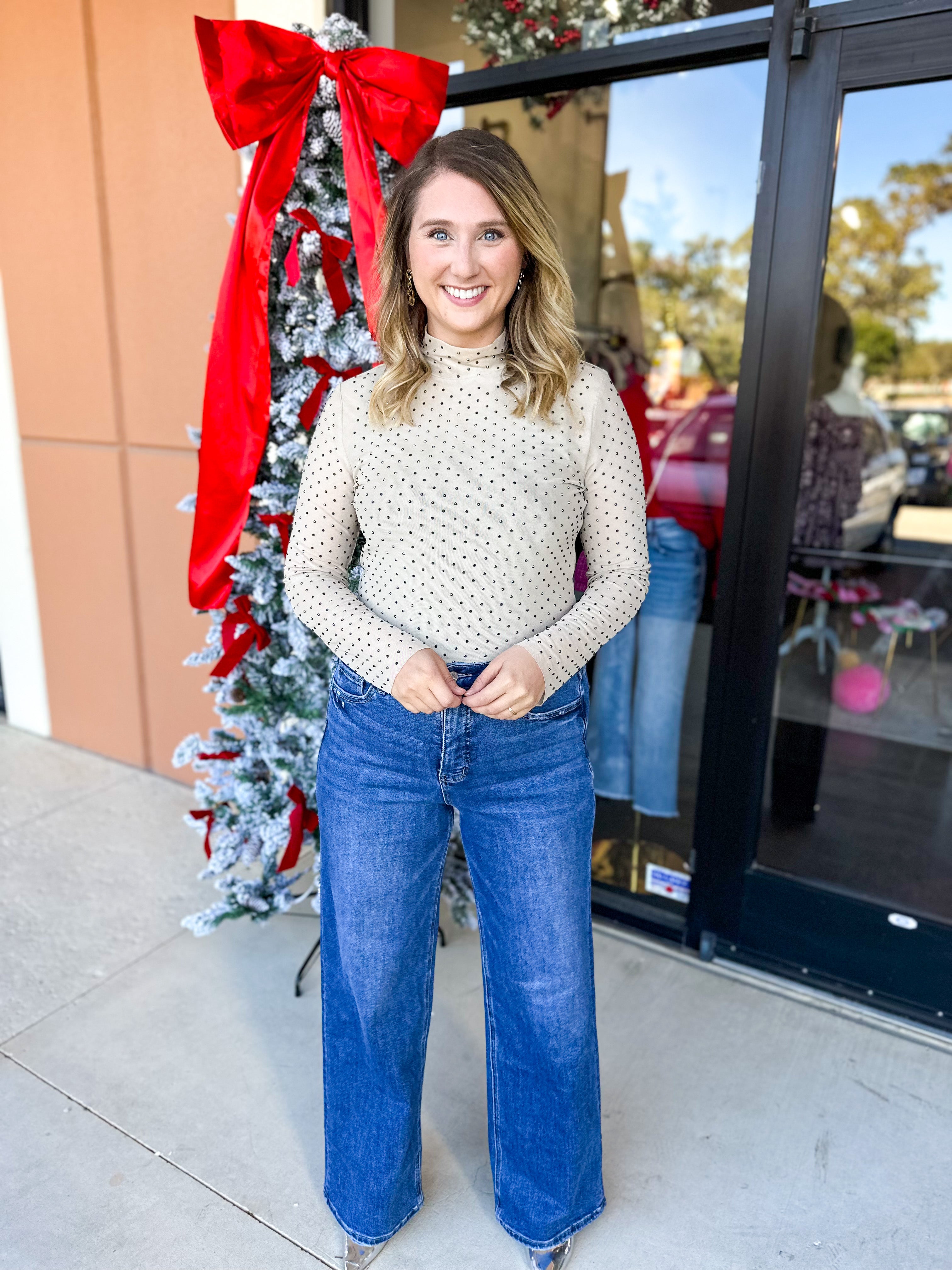 Sheer Rhinestone Long Sleeve Top - Champagne-200 Fashion Blouses-SKIES ARE BLUE-July & June Women's Fashion Boutique Located in San Antonio, Texas