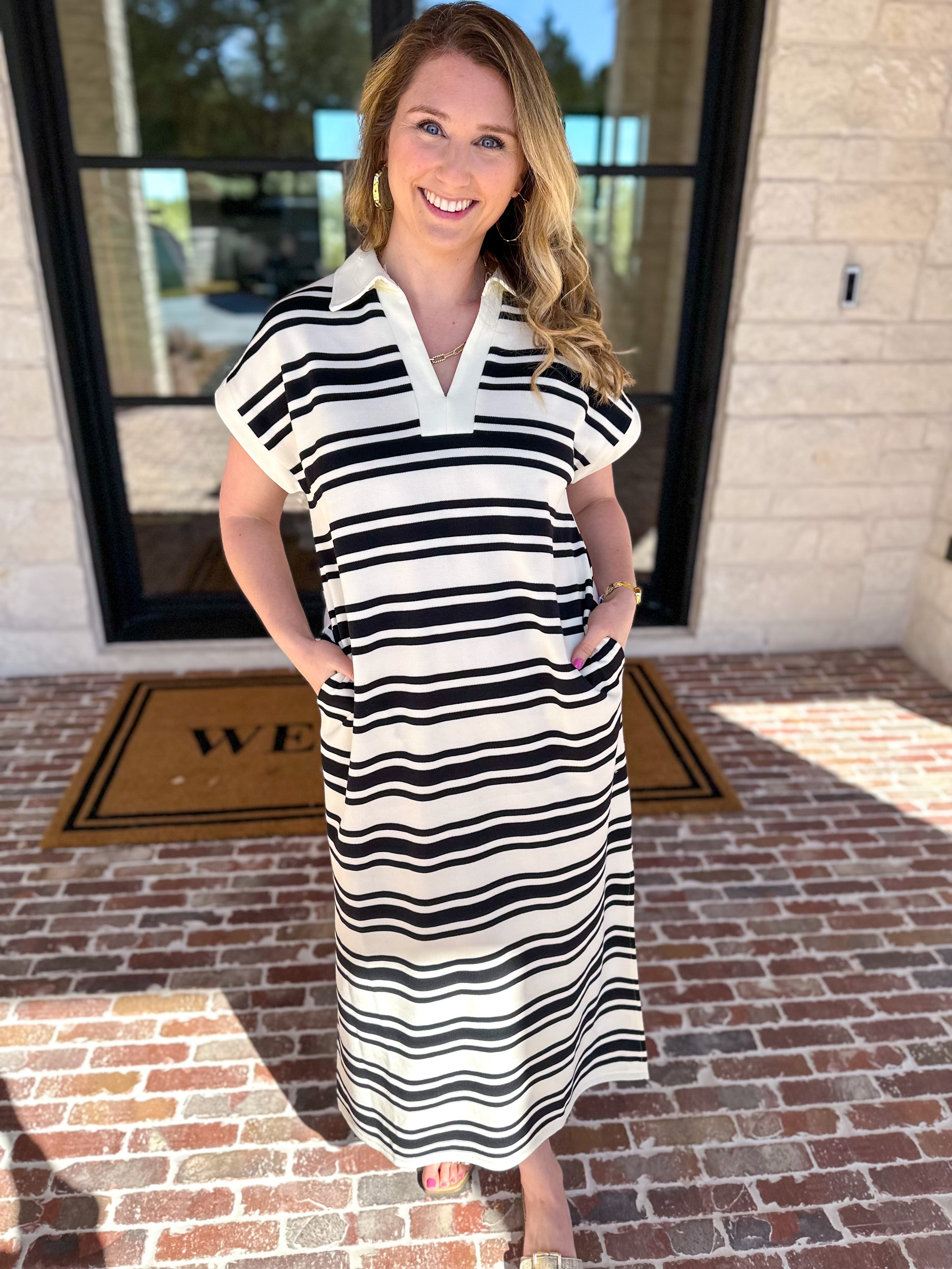 Casual Striped Midi Dress - Black-500 Midi-ENTRO-July & June Women's Fashion Boutique Located in San Antonio, Texas