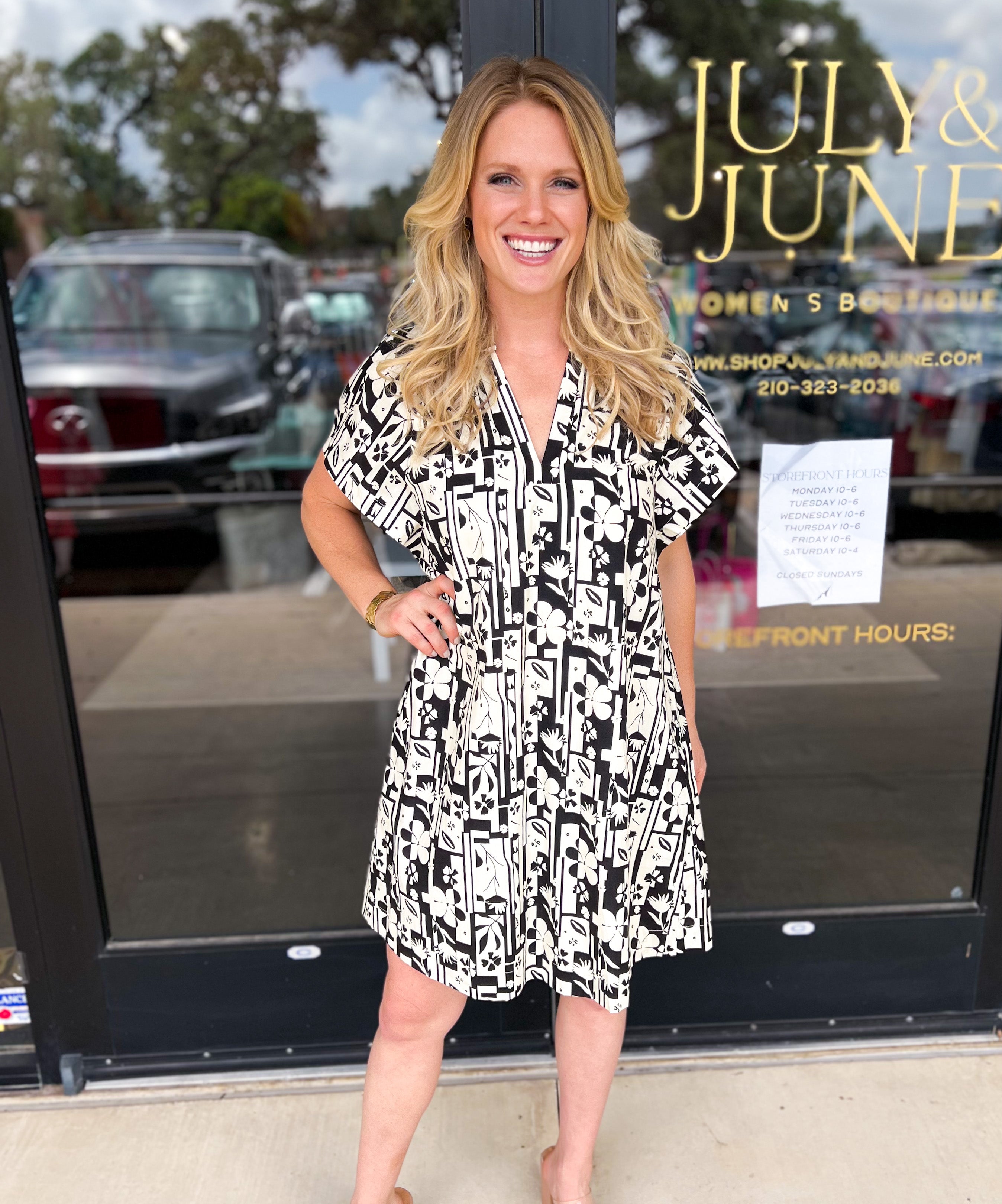 Black & White Abstract Mini Dress-510 Mini-PINCH-July & June Women's Fashion Boutique Located in San Antonio, Texas