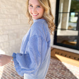 Pinstripe Bubble Sleeve Blouse - Baby Blue-200 Fashion Blouses-FATE-July & June Women's Fashion Boutique Located in San Antonio, Texas