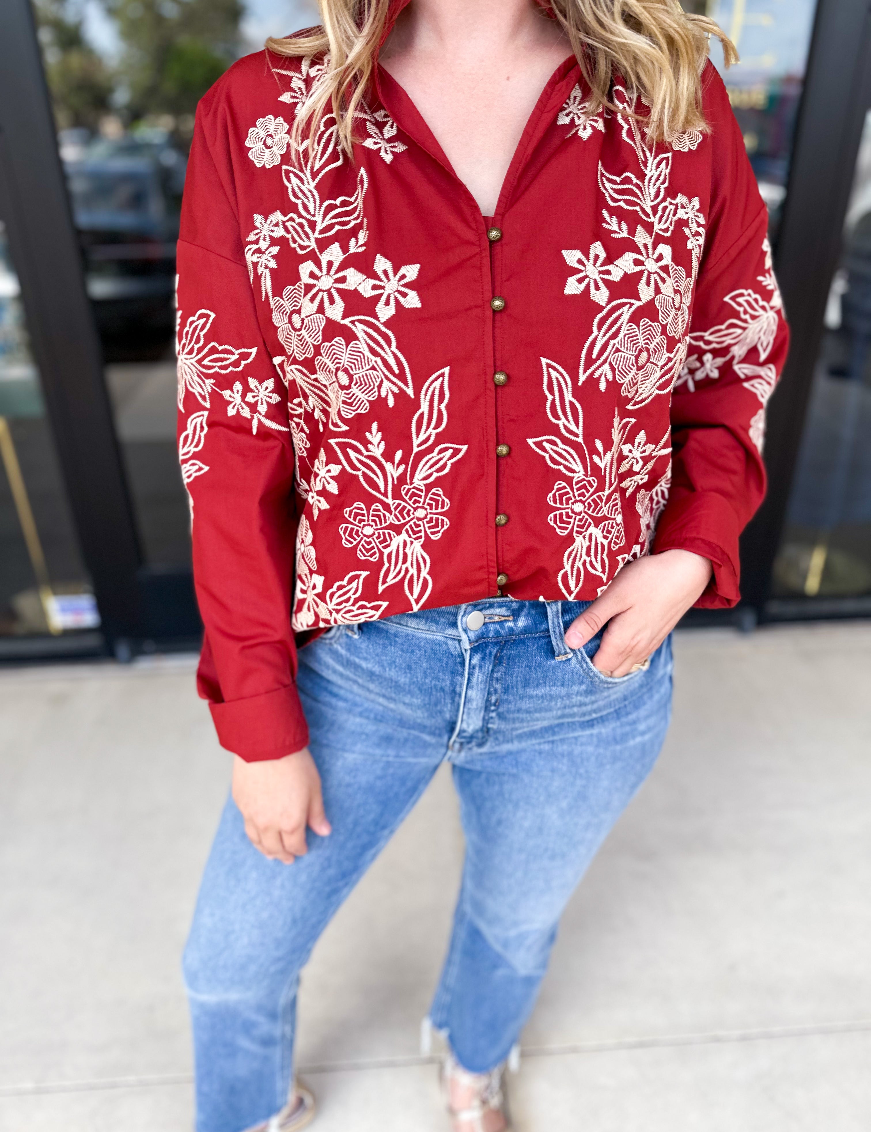 Elara Embroidered Blouse - Rust-200 Fashion Blouses-ENTRO-July & June Women's Fashion Boutique Located in San Antonio, Texas