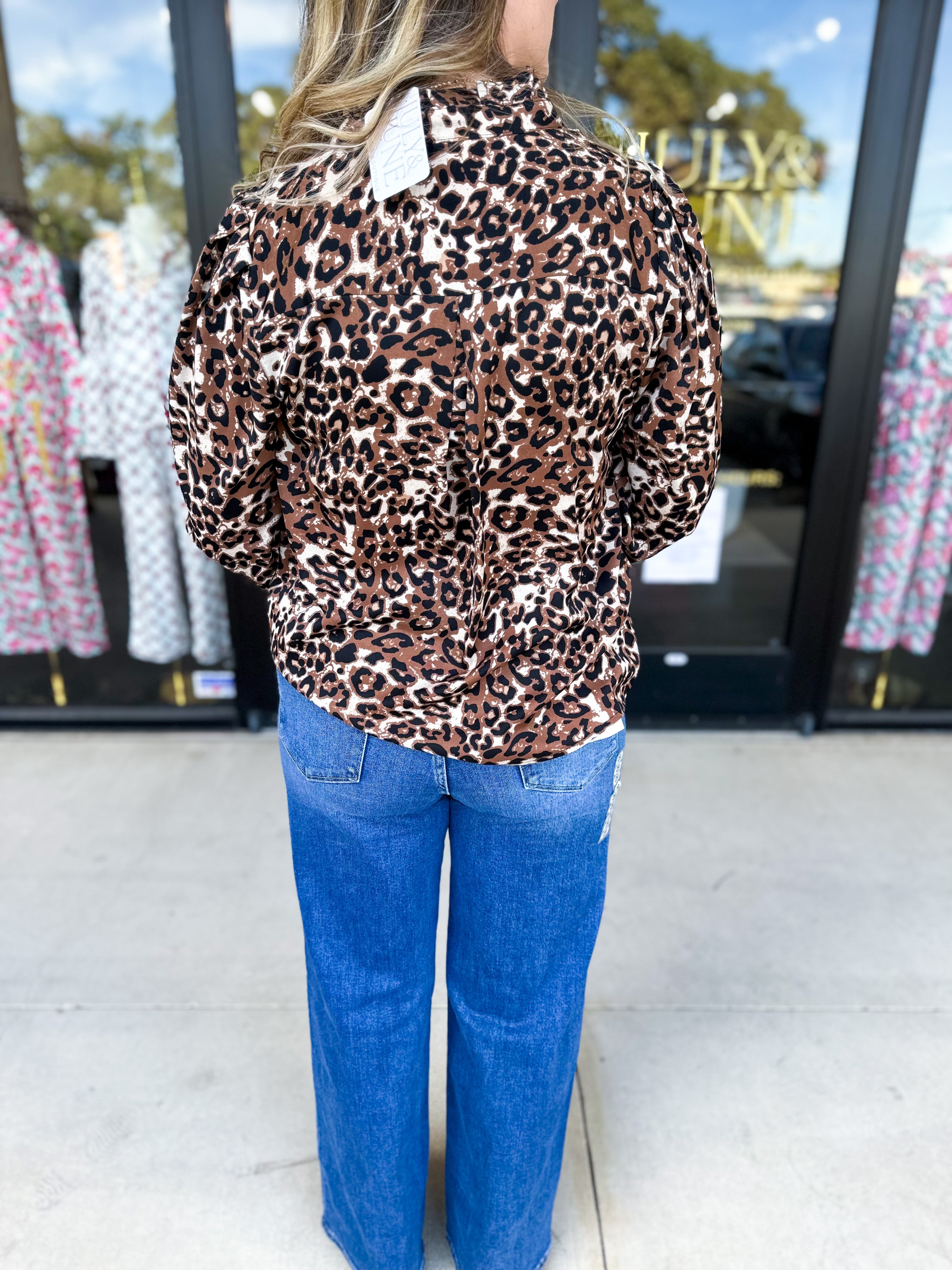 Golden Animal Print Blouse-200 Fashion Blouses-JODIFL-July & June Women's Fashion Boutique Located in San Antonio, Texas