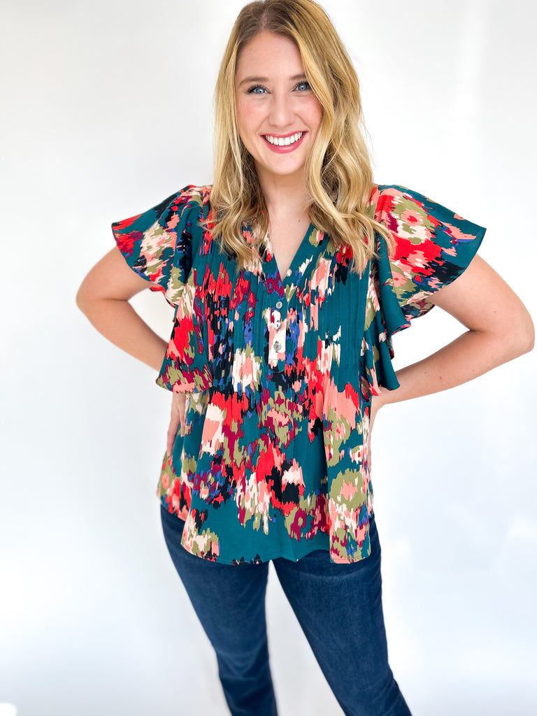 Abstract Ruffle Blouse- Teal-200 Fashion Blouses-ENTRO-July & June Women's Fashion Boutique Located in San Antonio, Texas