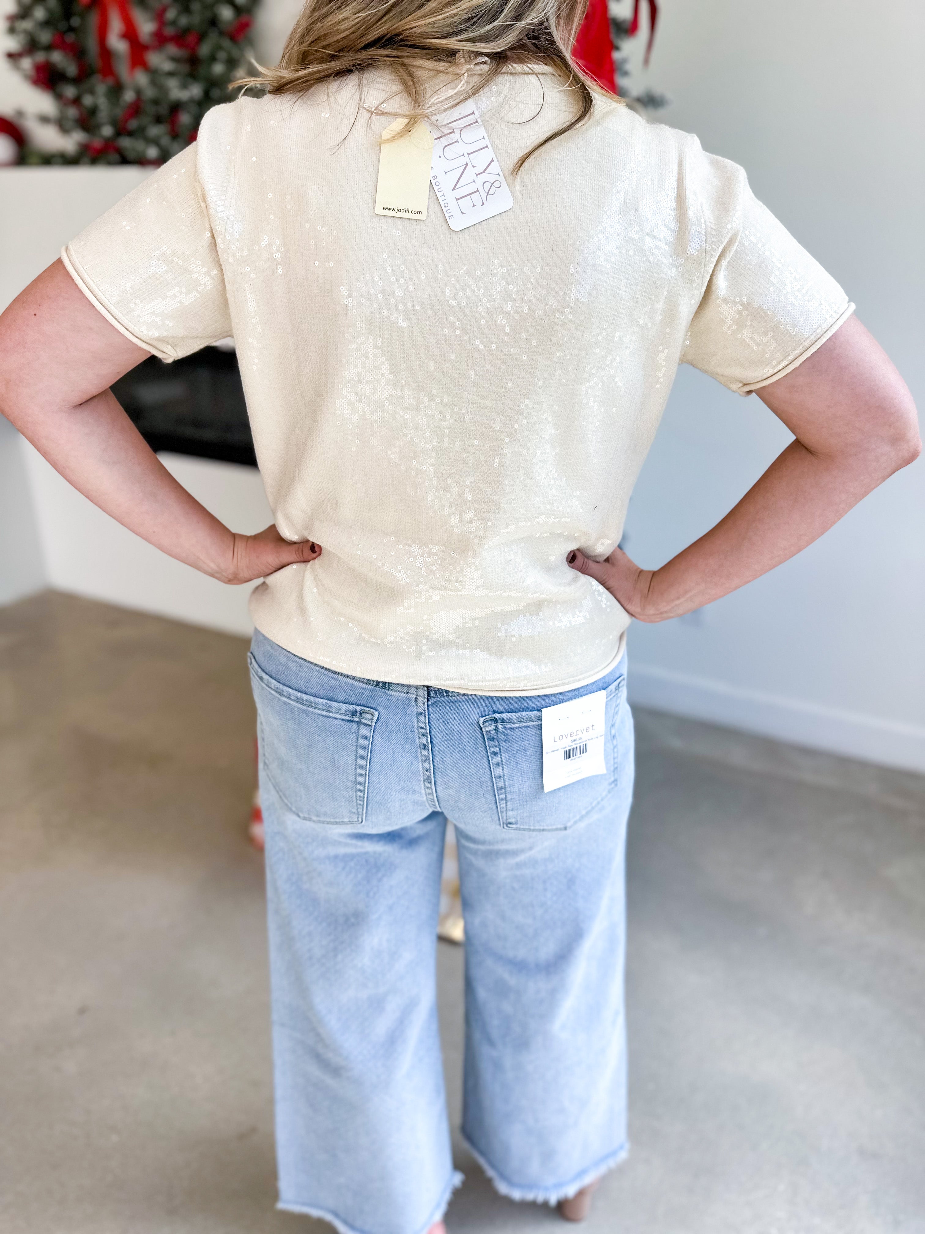 Holiday Party Sweater Top - Cream-200 Fashion Blouses-JODIFL-July & June Women's Fashion Boutique Located in San Antonio, Texas