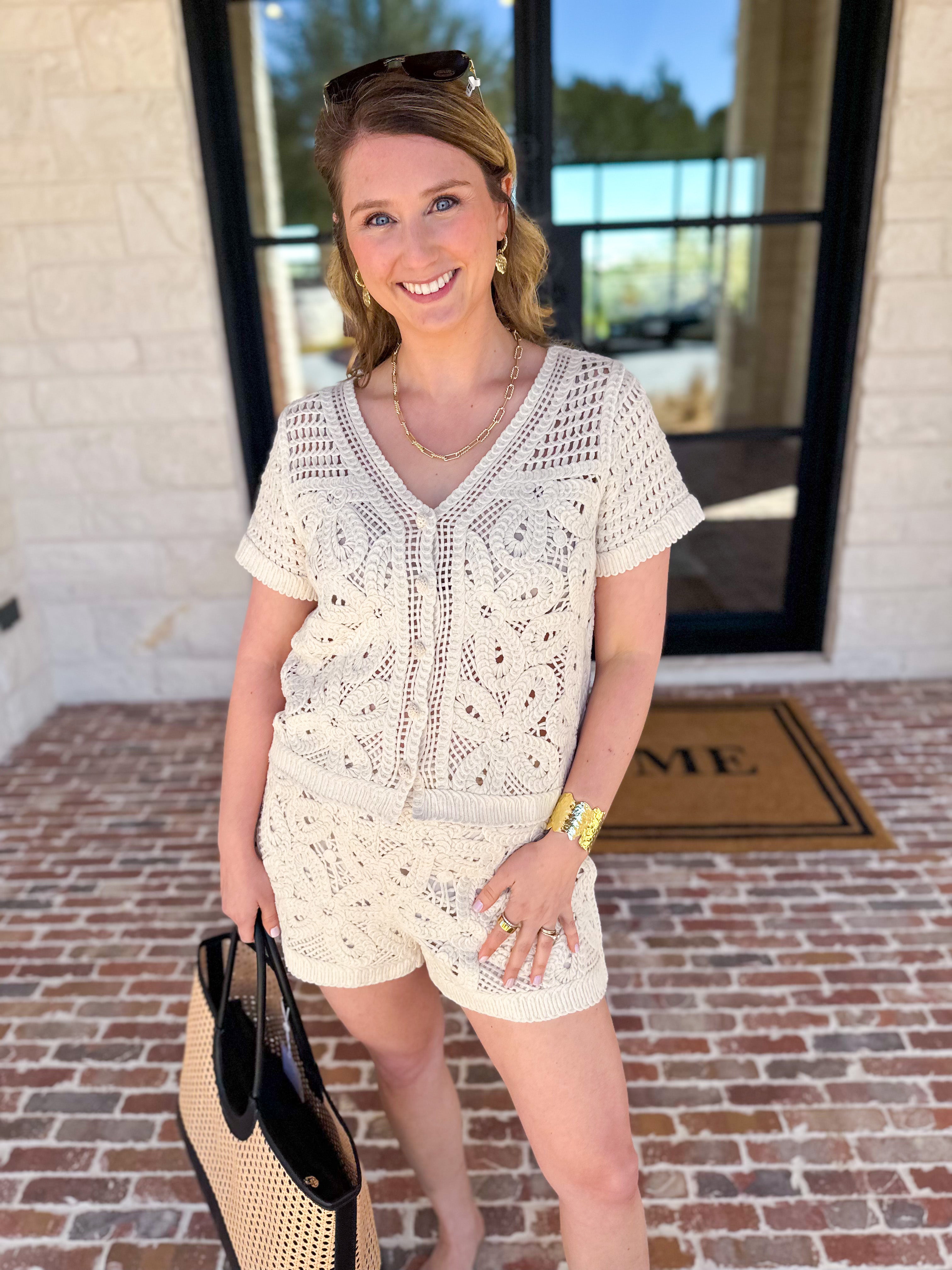 Luxe Crochet Knit Shorts Set-200 Fashion Blouses-SKIES ARE BLUE-July & June Women's Fashion Boutique Located in San Antonio, Texas