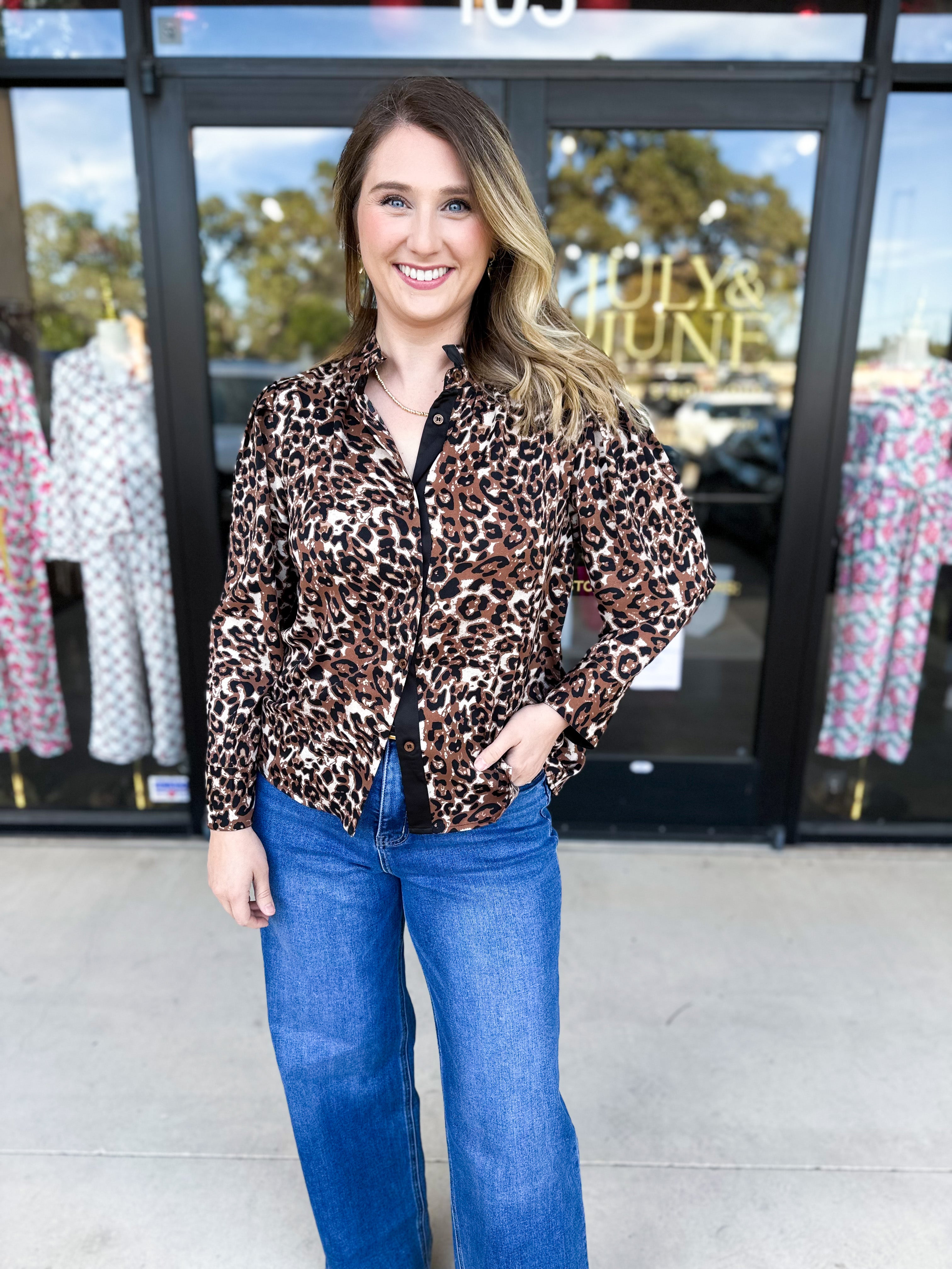 Golden Animal Print Blouse-200 Fashion Blouses-JODIFL-July & June Women's Fashion Boutique Located in San Antonio, Texas