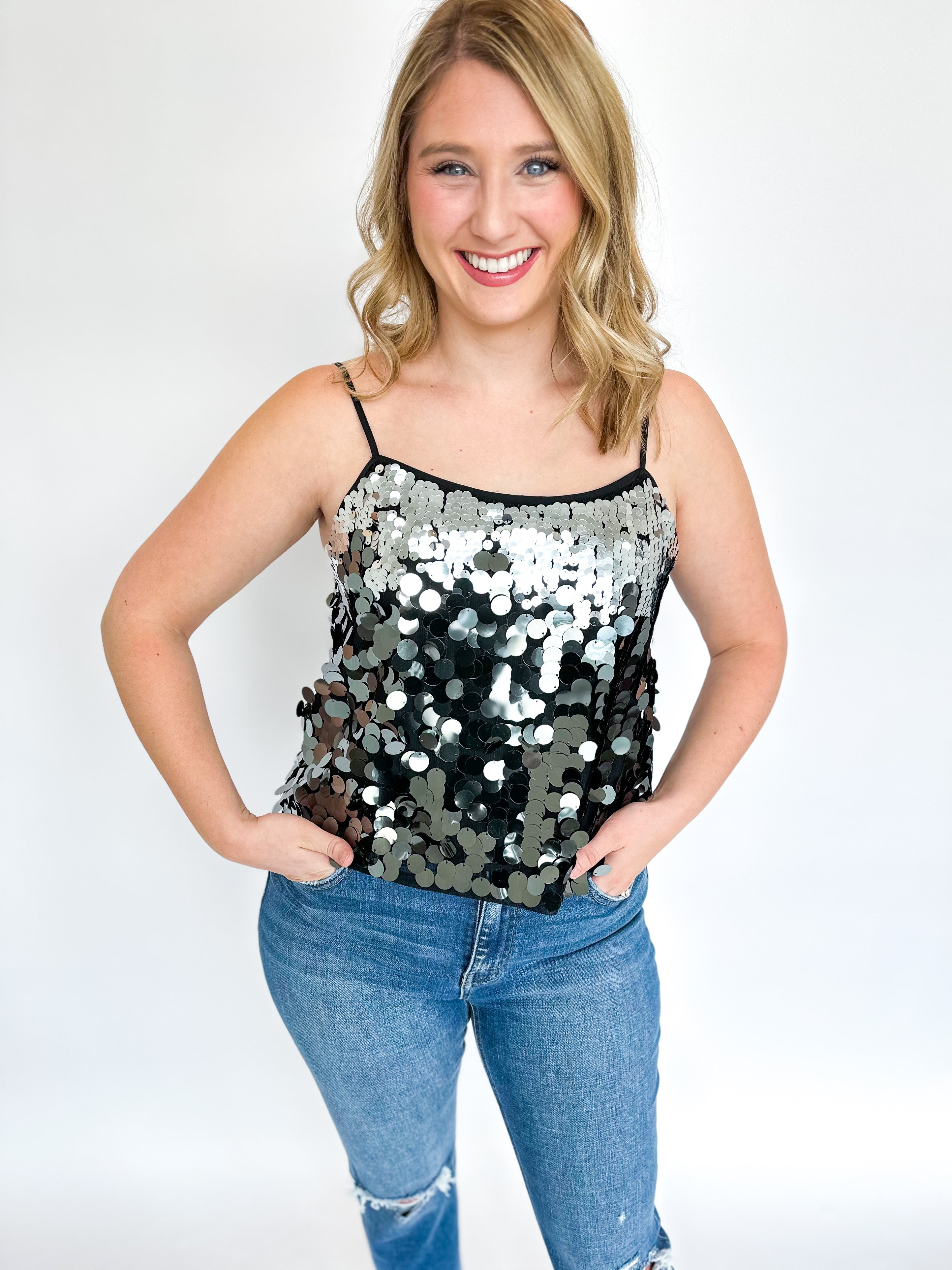Made to Shine Sequin Cami-200 Fashion Blouses-SKIES ARE BLUE-July & June Women's Fashion Boutique Located in San Antonio, Texas