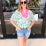 Green & Pink Floral Blouse-200 Fashion Blouses-ENTRO-July & June Women's Fashion Boutique Located in San Antonio, Texas