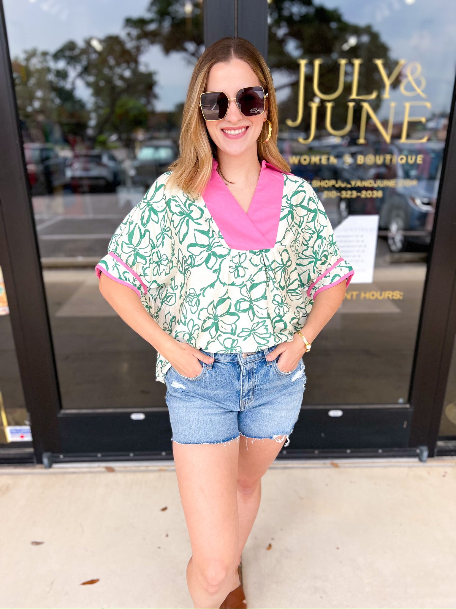 Green & Pink Floral Blouse-200 Fashion Blouses-ENTRO-July & June Women's Fashion Boutique Located in San Antonio, Texas