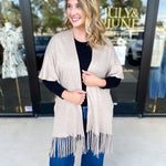 Oatmeal Fringe Wrap Cardigan-230 Sweaters/Cardis-SKIES ARE BLUE-July & June Women's Fashion Boutique Located in San Antonio, Texas