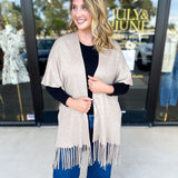 Oatmeal Fringe Wrap Cardigan-230 Sweaters/Cardis-SKIES ARE BLUE-July & June Women's Fashion Boutique Located in San Antonio, Texas