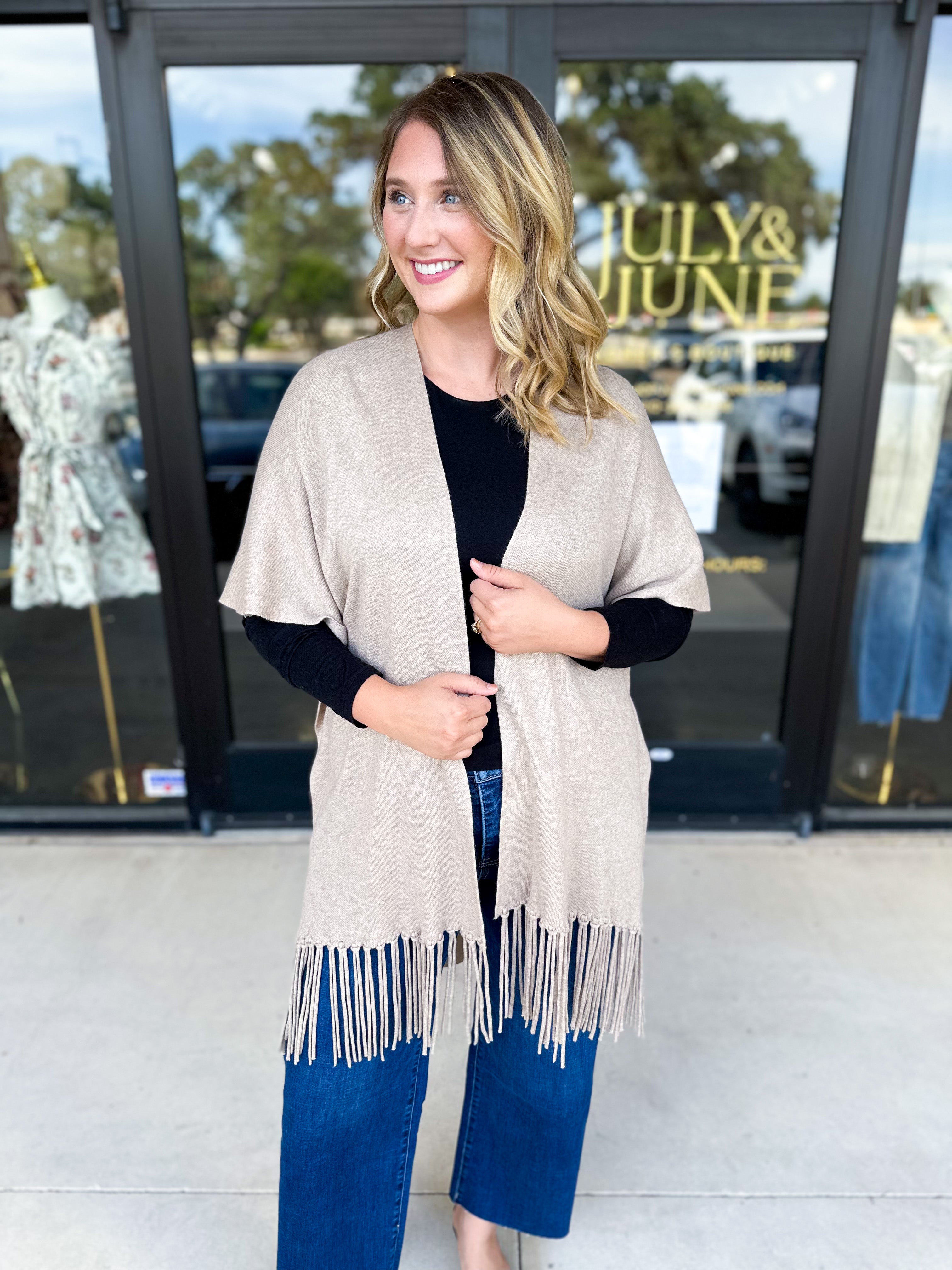 Oatmeal Fringe Wrap Cardigan-230 Sweaters/Cardis-SKIES ARE BLUE-July & June Women's Fashion Boutique Located in San Antonio, Texas