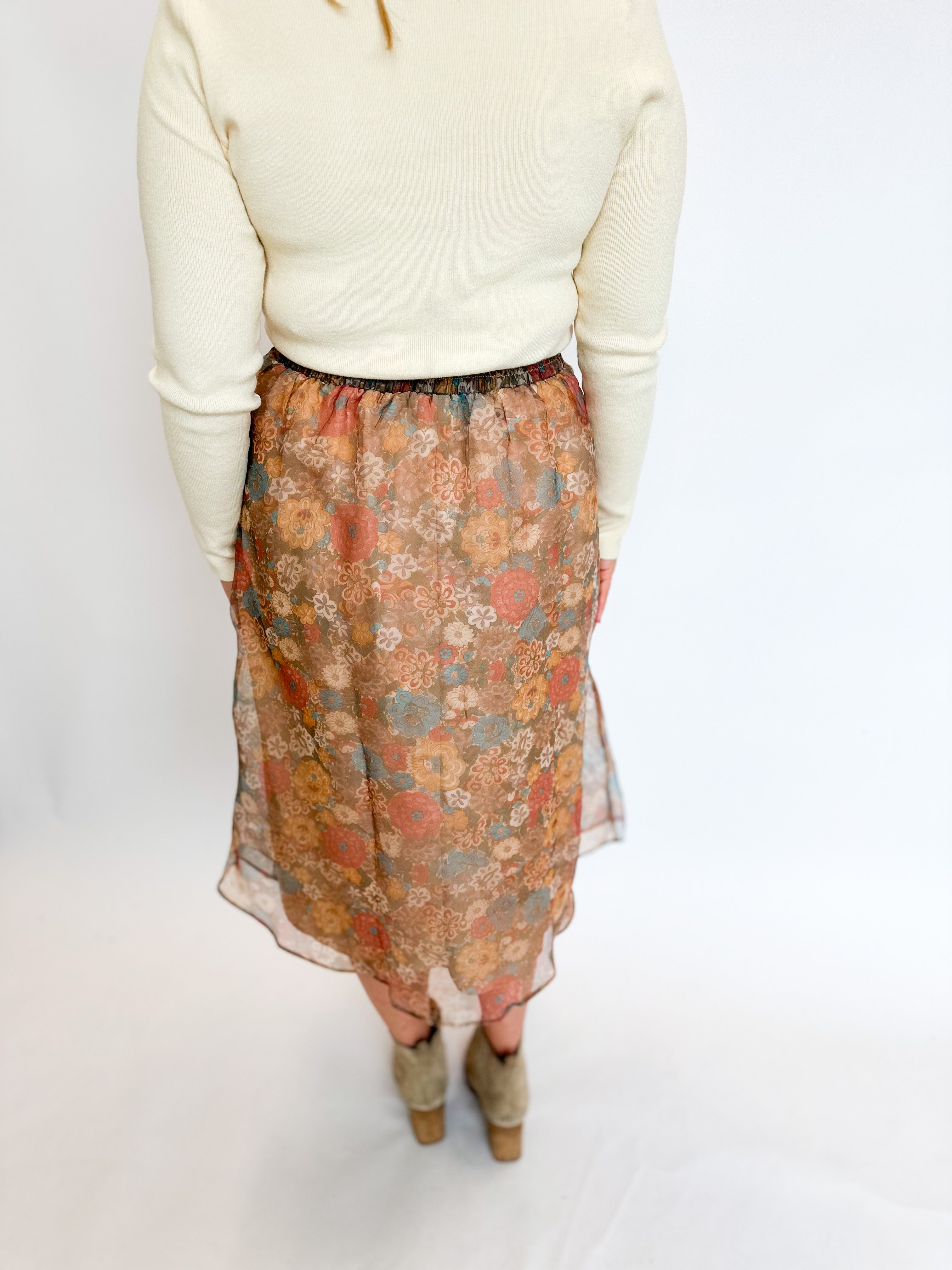 Feminine Floral Midi Skirt-410 Shorts/Skirts-LISTICLE-July & June Women's Fashion Boutique Located in San Antonio, Texas