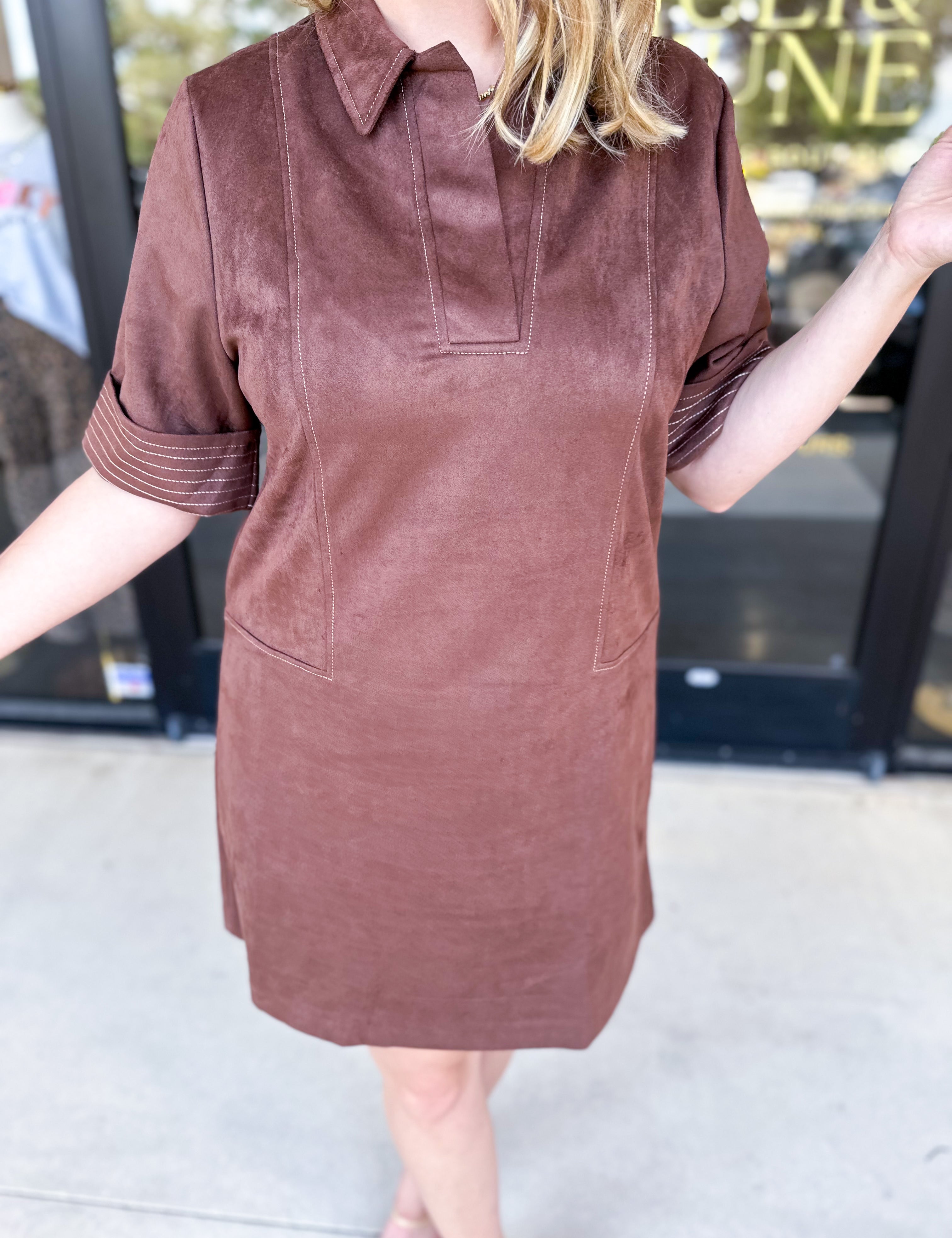 THML - Short Sleeve Collared Mini Dress - Chocolate-510 Mini-THML-July & June Women's Fashion Boutique Located in San Antonio, Texas