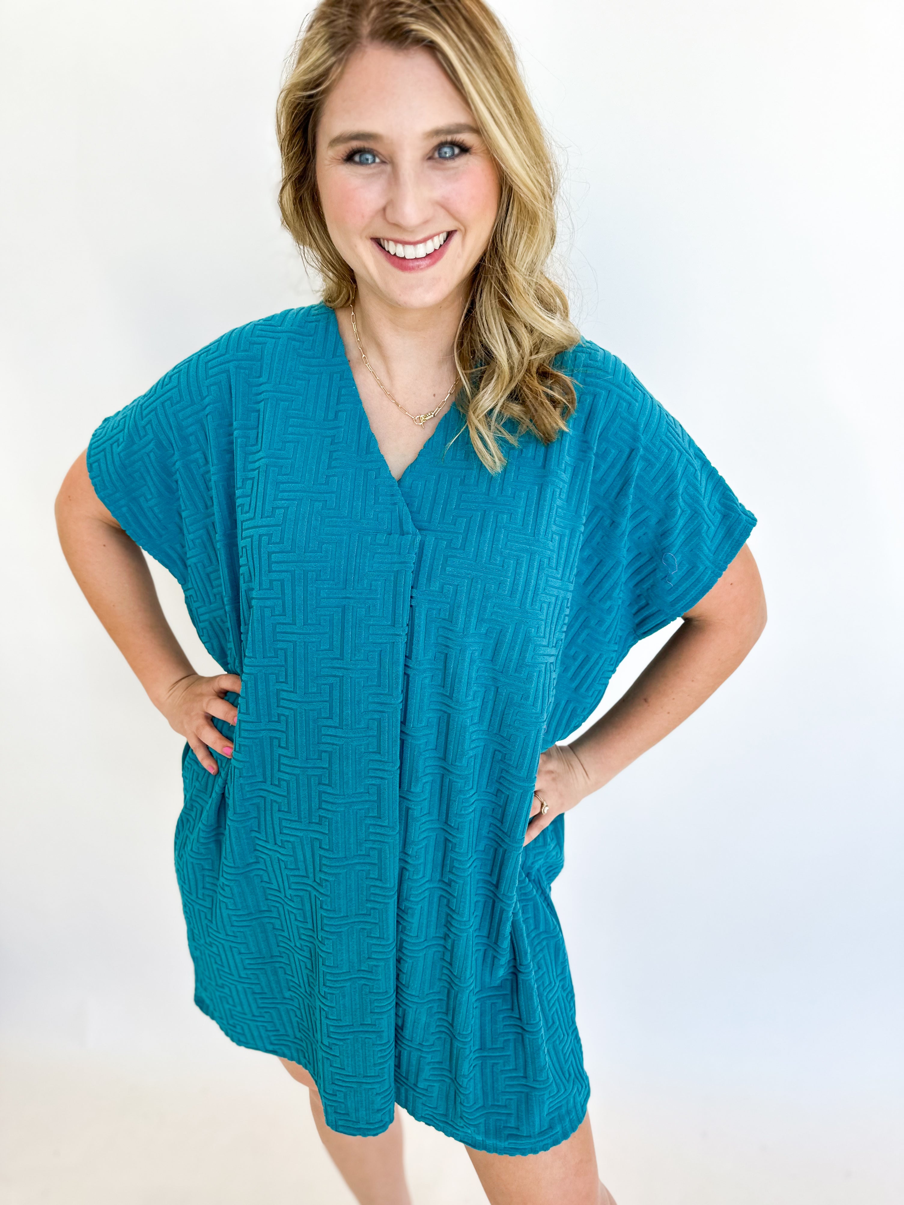 Terry Cloth Cover Up - Teal-210 Casual Blouses-ENTRO-July & June Women's Fashion Boutique Located in San Antonio, Texas