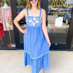 Sky Blue Embroidered Midi Dress-500 Midi-ENTRO-July & June Women's Fashion Boutique Located in San Antonio, Texas