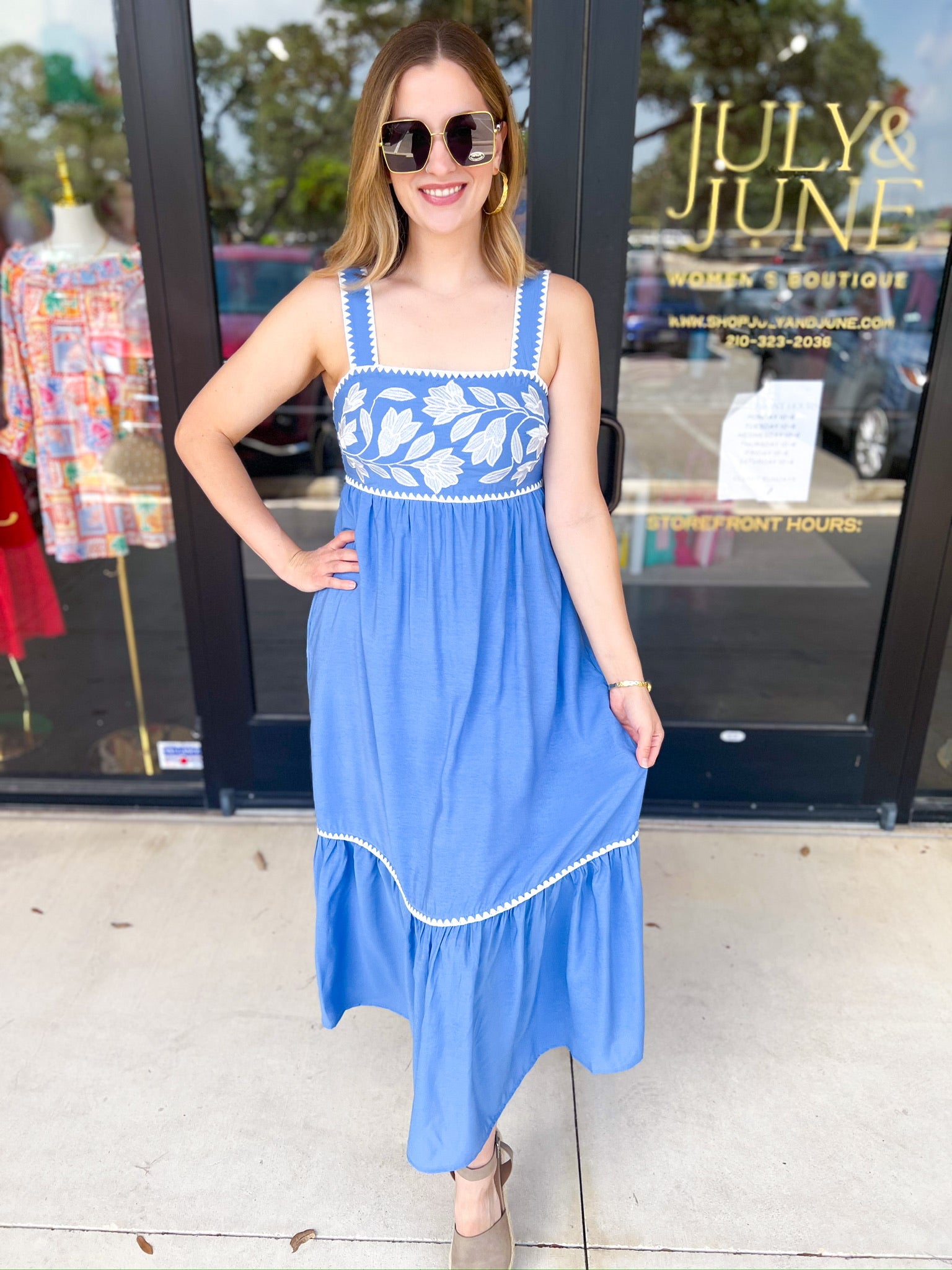 Sky Blue Embroidered Midi Dress-500 Midi-ENTRO-July & June Women's Fashion Boutique Located in San Antonio, Texas