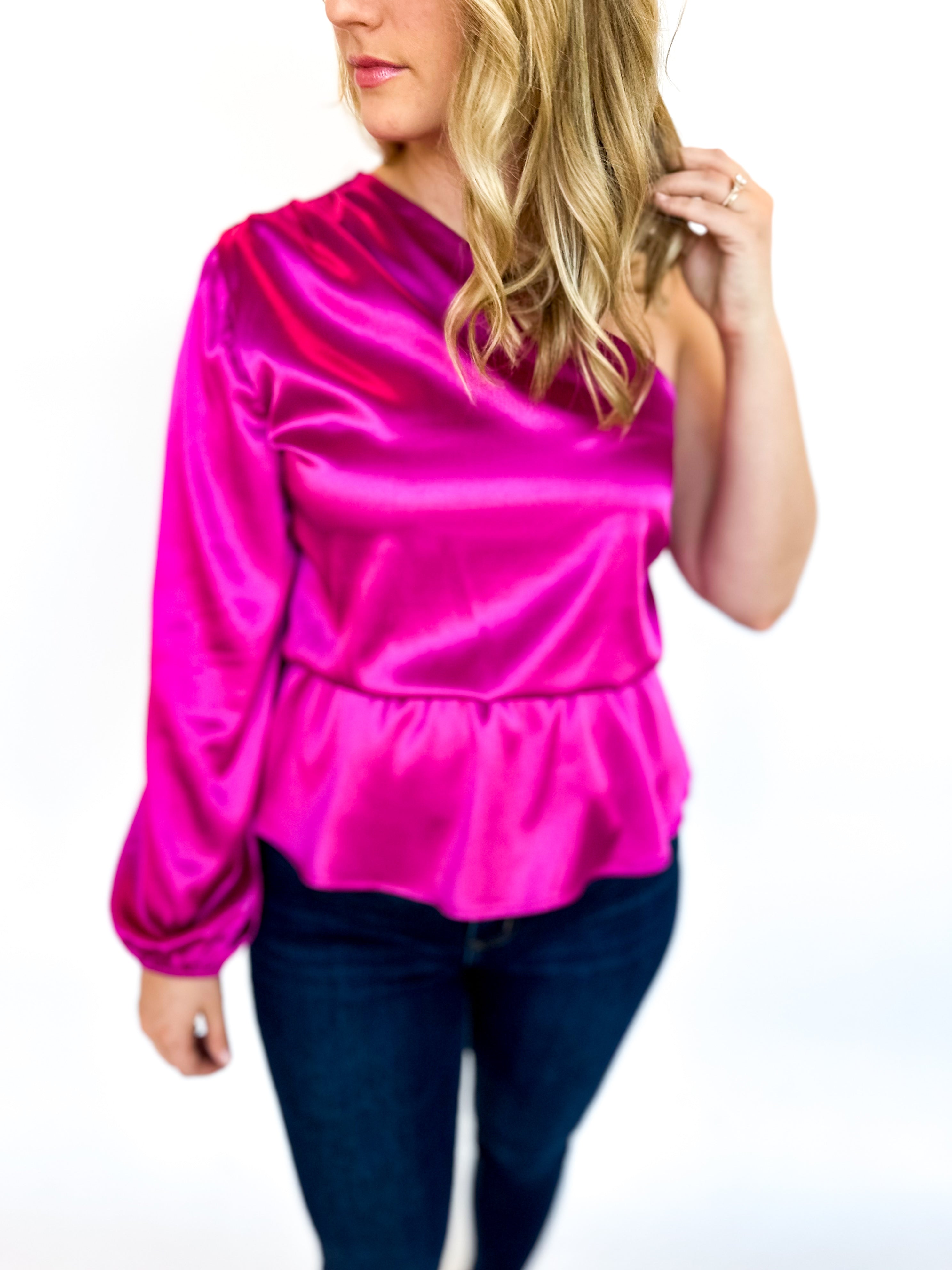 One Shoulder Party Blouse - Hot Pink-200 Fashion Blouses-ADRIENNE-July & June Women's Fashion Boutique Located in San Antonio, Texas