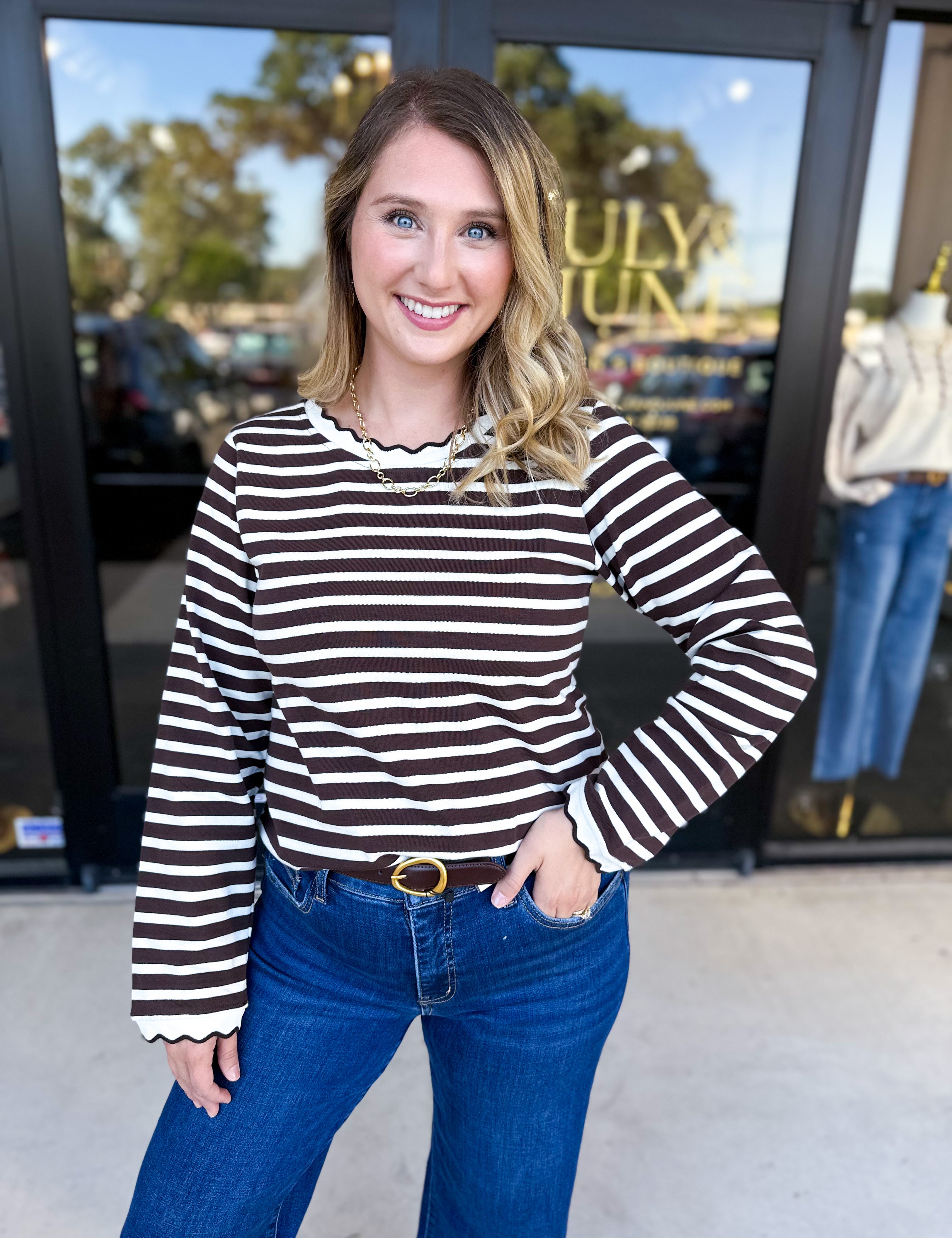 Chocolate Stripe Long Sleeve Top-210 Casual Blouses-POLOGRAM-July & June Women's Fashion Boutique Located in San Antonio, Texas