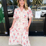 Cream & Pink Floral Midi Dress-500 Midi-POLOGRAM-July & June Women's Fashion Boutique Located in San Antonio, Texas