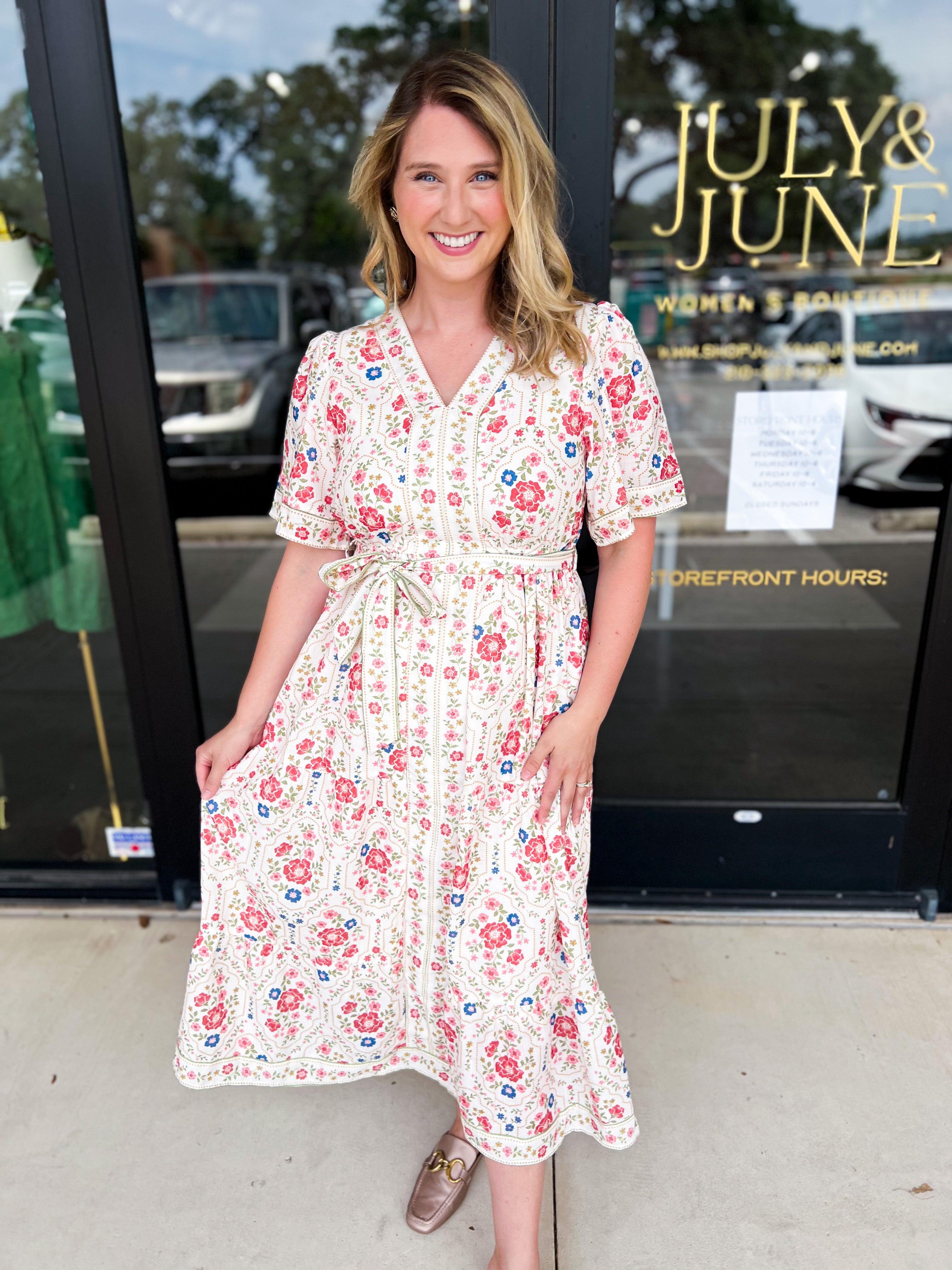Cream & Pink Floral Midi Dress-500 Midi-POLOGRAM-July & June Women's Fashion Boutique Located in San Antonio, Texas