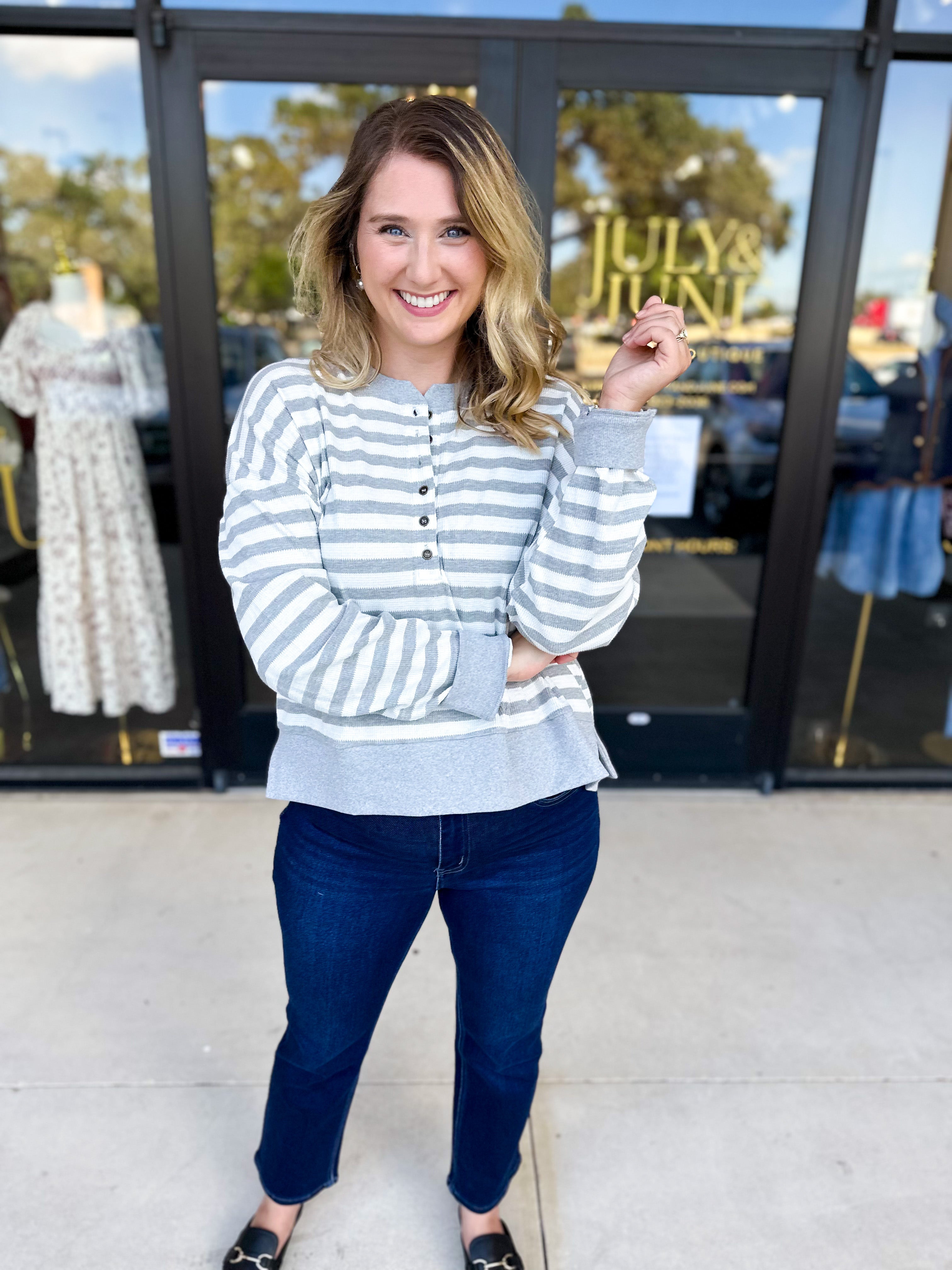 Casual Cool Henley Long Sleeve - Light Grey-210 Casual Blouses-POLOGRAM-July & June Women's Fashion Boutique Located in San Antonio, Texas