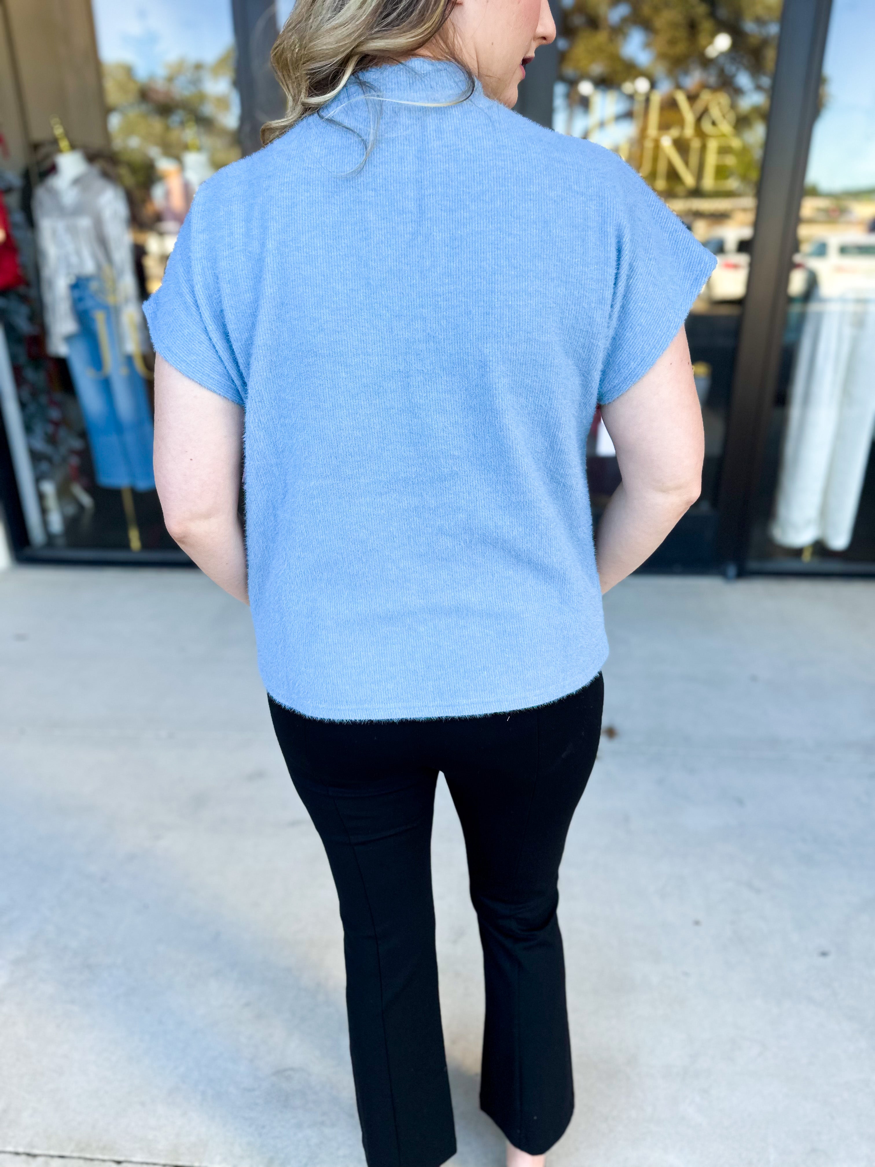 THML - Mock Neck Fuzzy Sweater Top - Ice Blue-230 Sweaters/Cardis-THML-July & June Women's Fashion Boutique Located in San Antonio, Texas