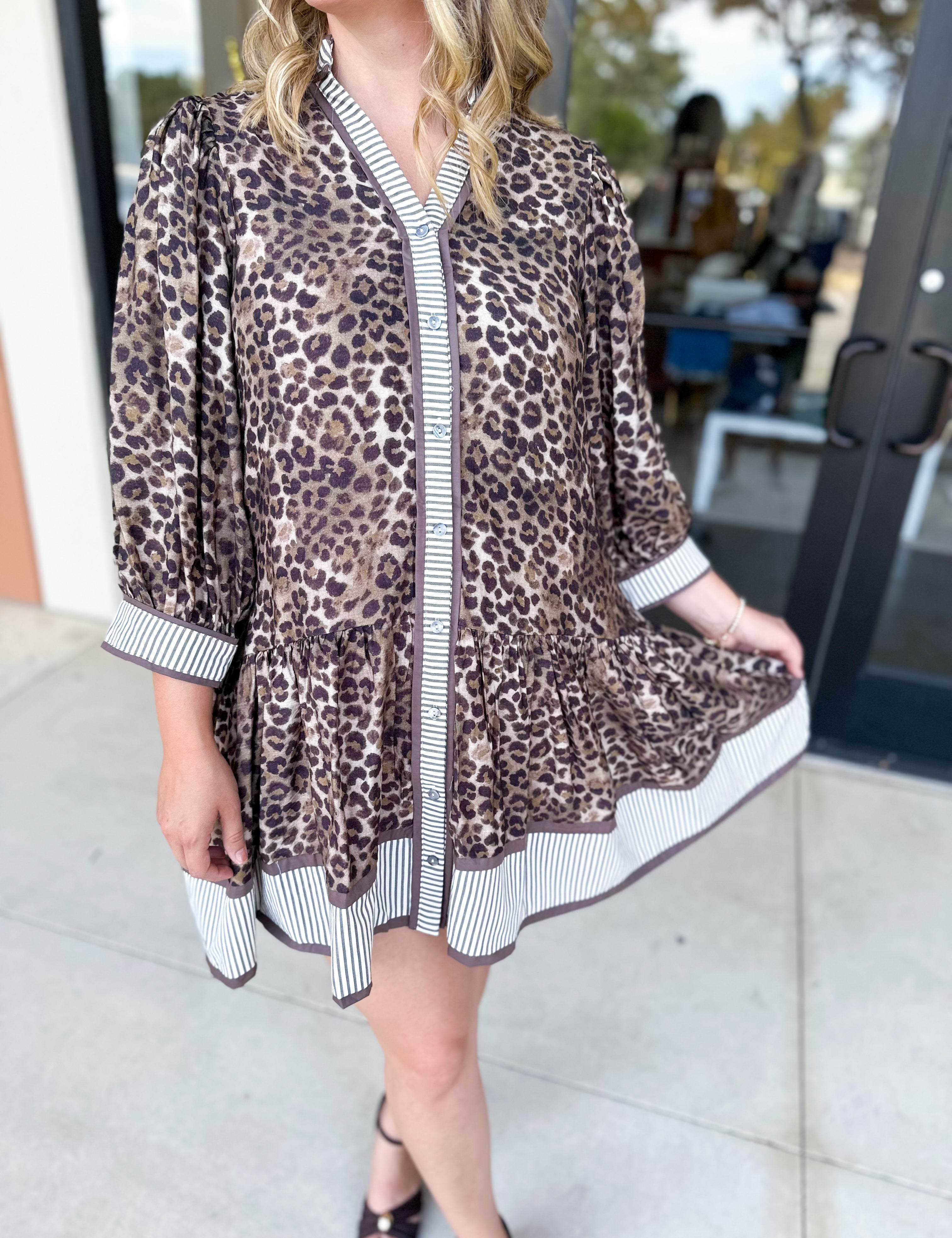 Leopard Button Down Mini Dress-510 Mini-ENTRO-July & June Women's Fashion Boutique Located in San Antonio, Texas