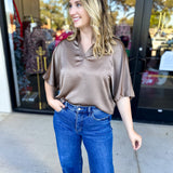 Pink Friday Doorbuster - Classic Satin Blouse - Mocha - ONLINE-PINK FRIDAY DOORBUSTERS-GLAM-July & June Women's Fashion Boutique Located in San Antonio, Texas
