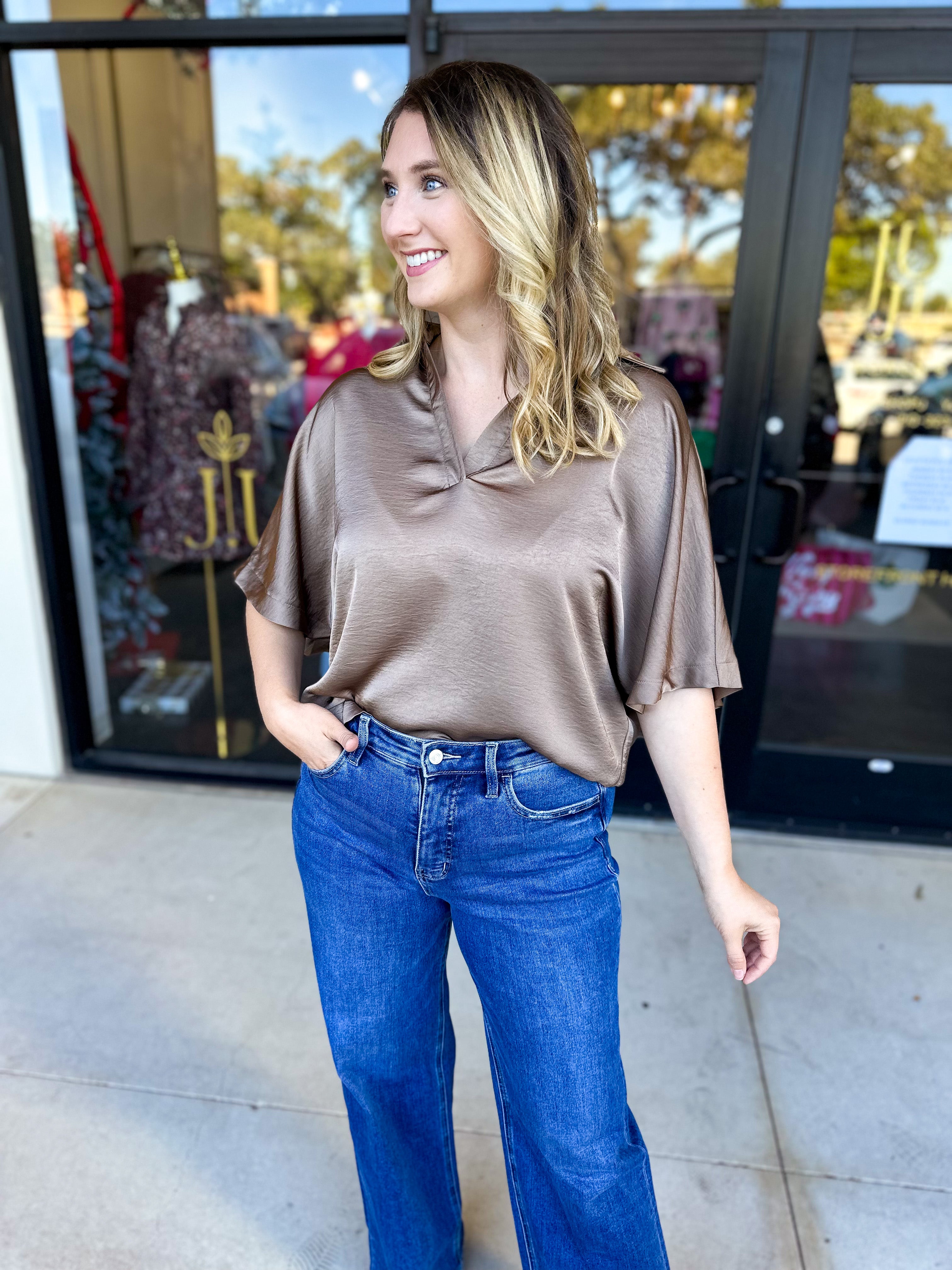 Pink Friday Doorbuster - Classic Satin Blouse - Mocha - ONLINE-PINK FRIDAY DOORBUSTERS-GLAM-July & June Women's Fashion Boutique Located in San Antonio, Texas