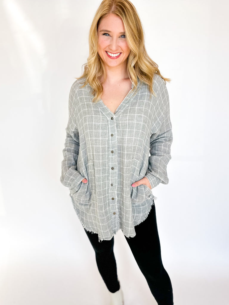 Distressed Checkered Button Down- Heather Grey-200 Fashion Blouses-DAY + MOON-July & June Women's Fashion Boutique Located in San Antonio, Texas